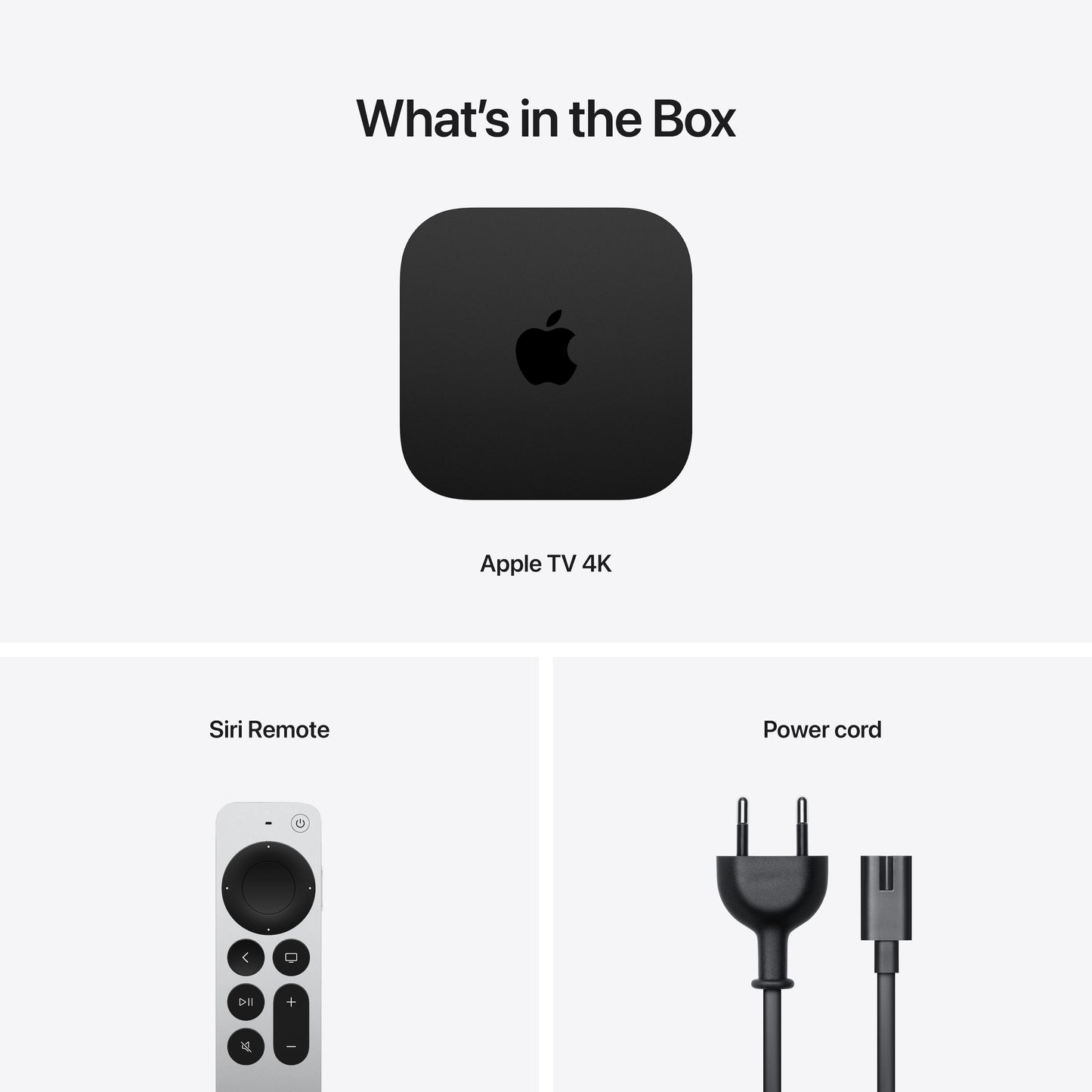 Apple TV 4K 3. gen 64GB sort, Siri Remote og strømkabel vist separat med tydelig mærkning.