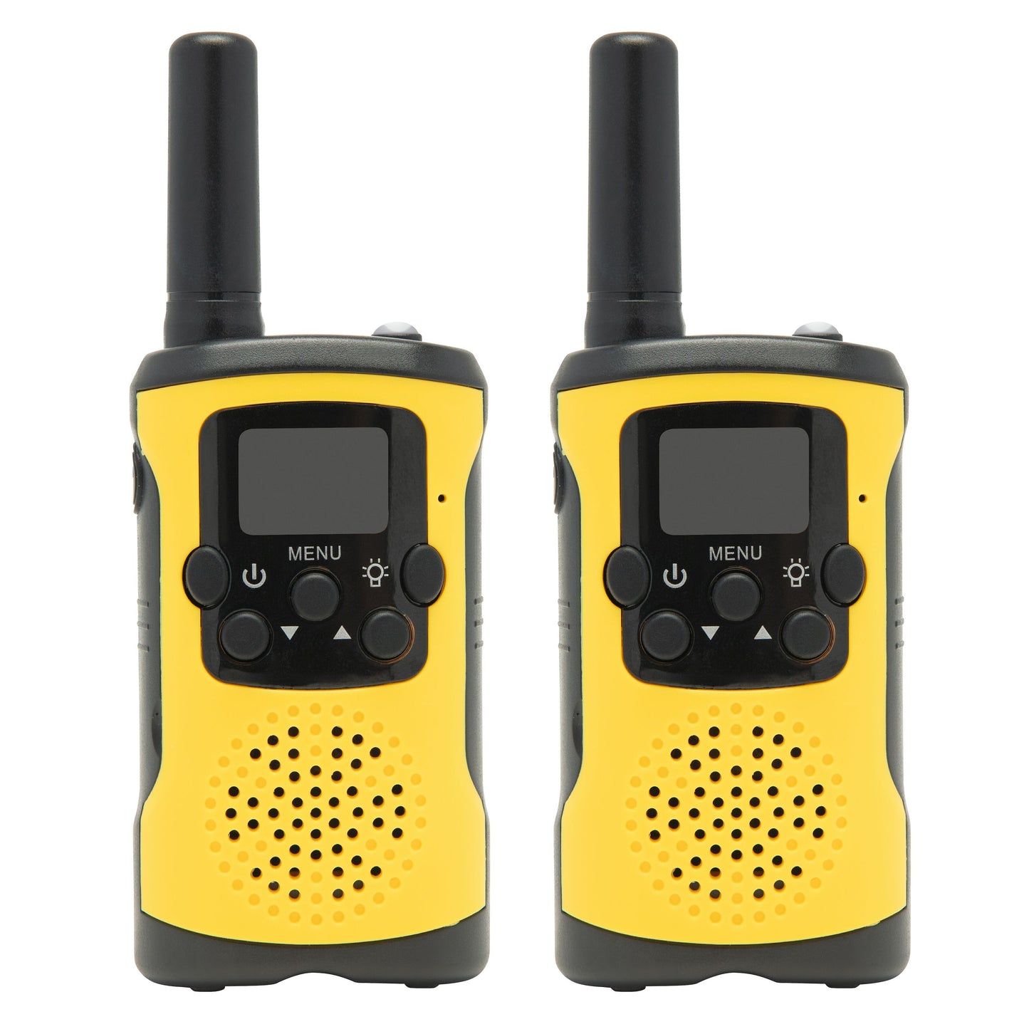 Rubicson walkie-talkie 2-pak, gul/sort, op til 5 km rækkevidde, begge radioer stående ved siden af hinanden.