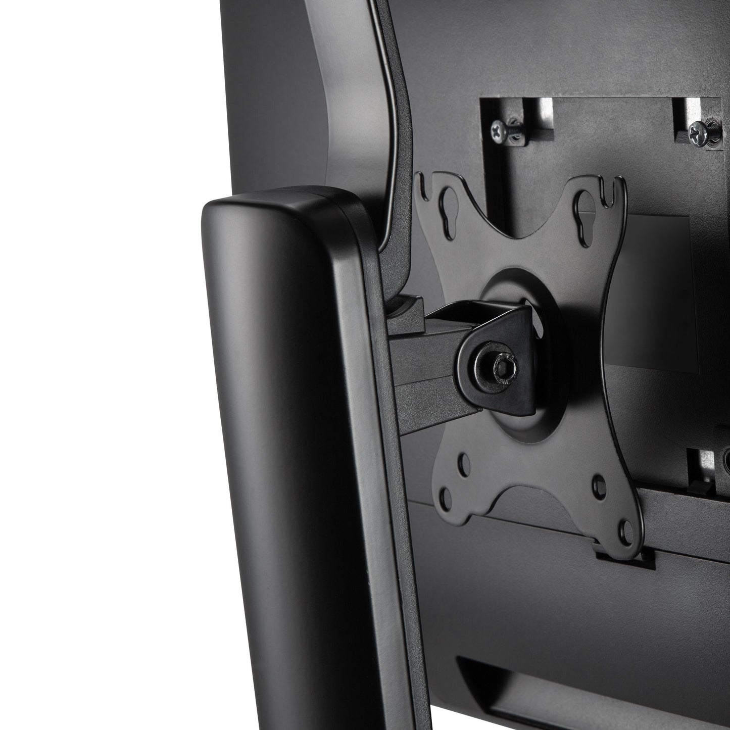 Plexgear Justerbart skærmstativ til skærm 17-32", VESA-mount med synlige skruer og beslag, sort baggrund.