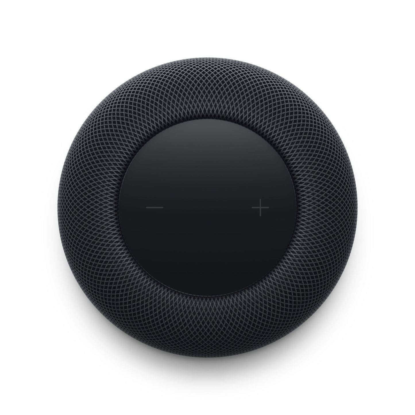 Apple HomePod Midnat smart speaker sort, topview med cirkulær touchflade, plus/minus symboler, tekstureret mesh-grill.