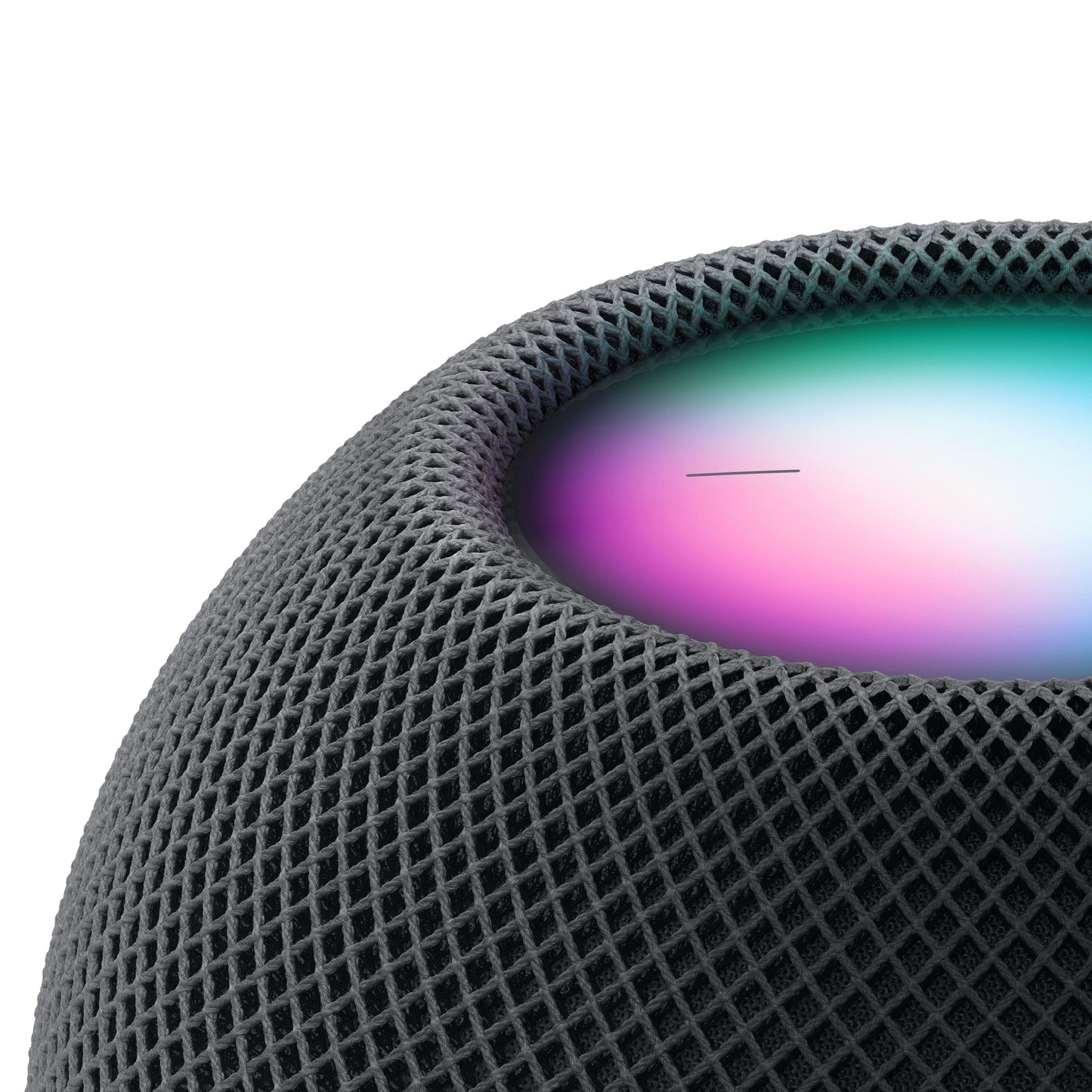 Apple HomePod mini Hvid, mesh-overflade, synligt blå/lilla/lyserødt lys for aktiv Siri-stemmestyring.