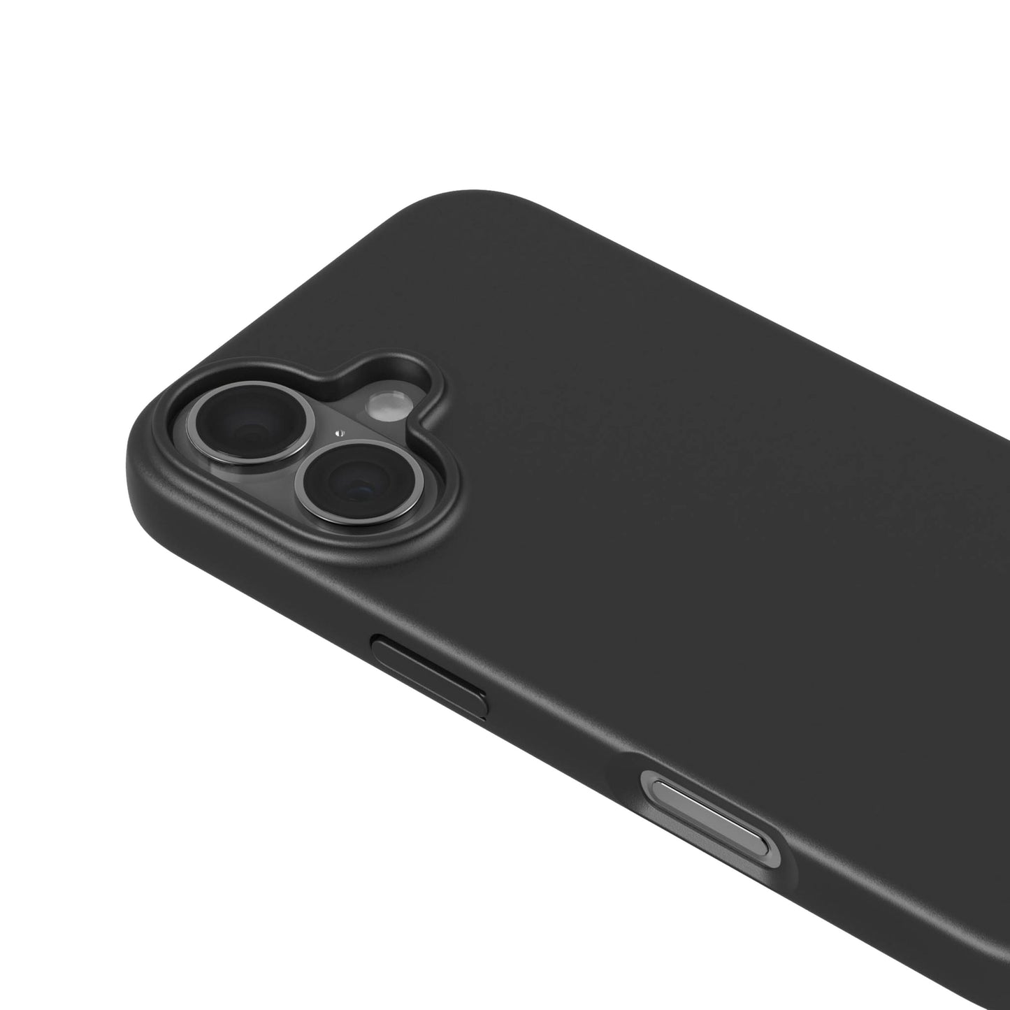 Plantebaseret mobilcover iPhone 16 sort med dobbelt kamerahak, forhøjet linsebeskyttelse, åbning til sideknapper.