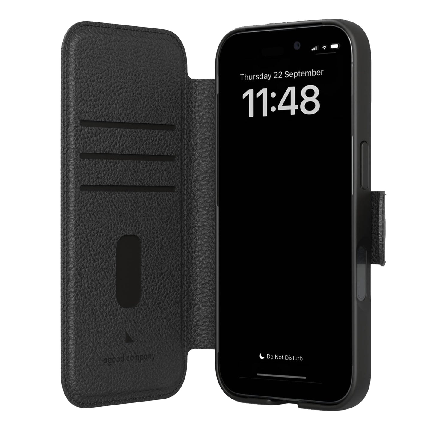 Mobilpung iPhone 16 Pro Sort, sort cover i vegetabilsk læderalternativ, kortholder, MagSafe-kompatibel, skærm viser 11:48.