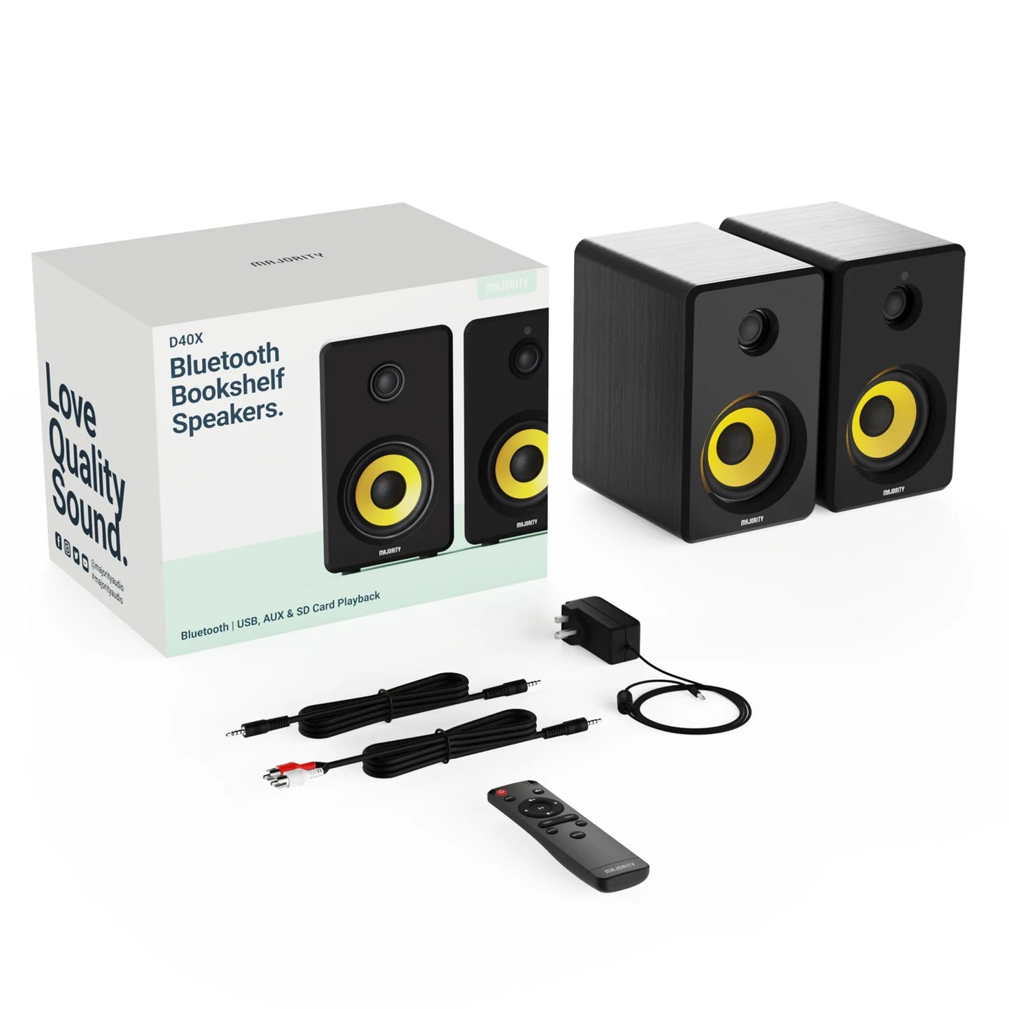 Majority D40X aktive højttalere sort med gule ringe, strømforsyning, fjernbetjening, to lydkabler, Bluetooth 5.3 æske.
