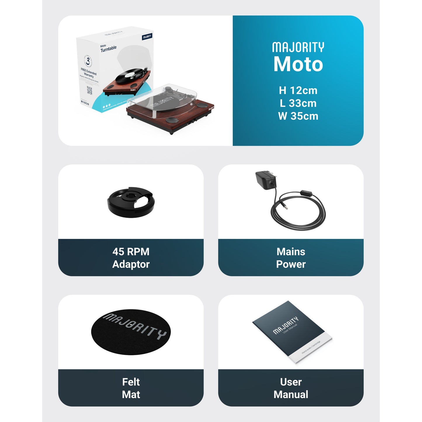 Majority Pladespiller med bluetooth, inkl. kasse, 45 RPM adapter, strømledning, filtmåtte, manual H12xL33xB35cm.