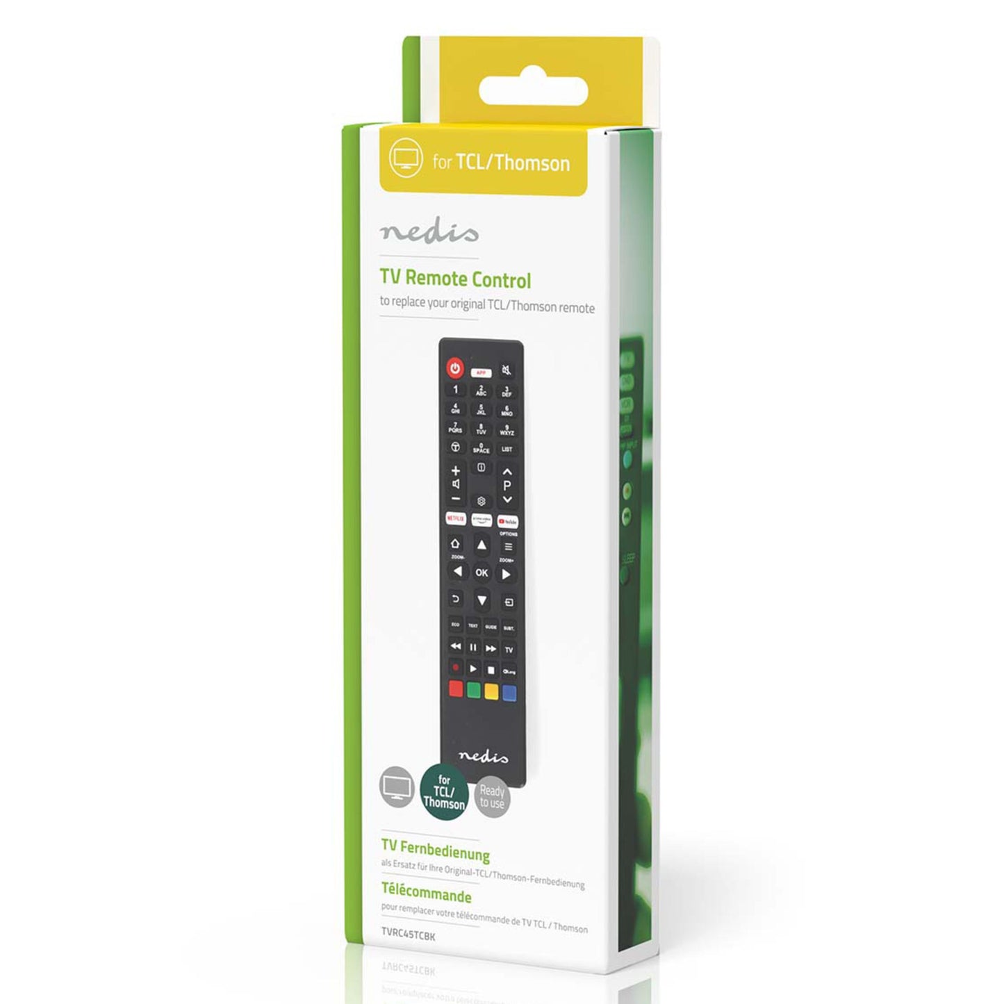 Nedis fjernbetjening til Thomson/TCL TV, sort med Netflix og YouTube knap, vist i original emballage.