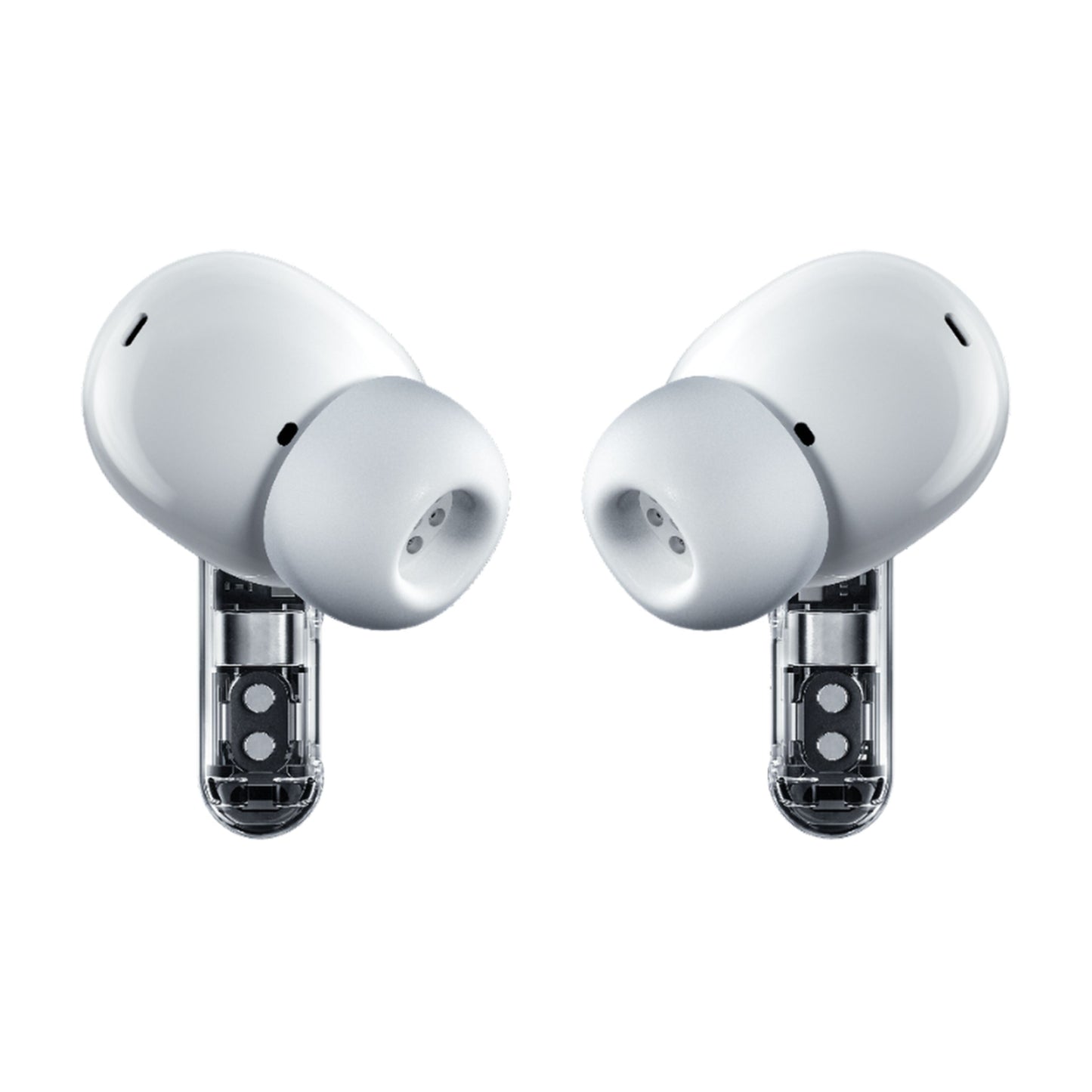 Nothing Ear (3) hvide in-ear høretelefoner med silikonepropper, gennemsigtige stænger og synlige indvendige komponenter.