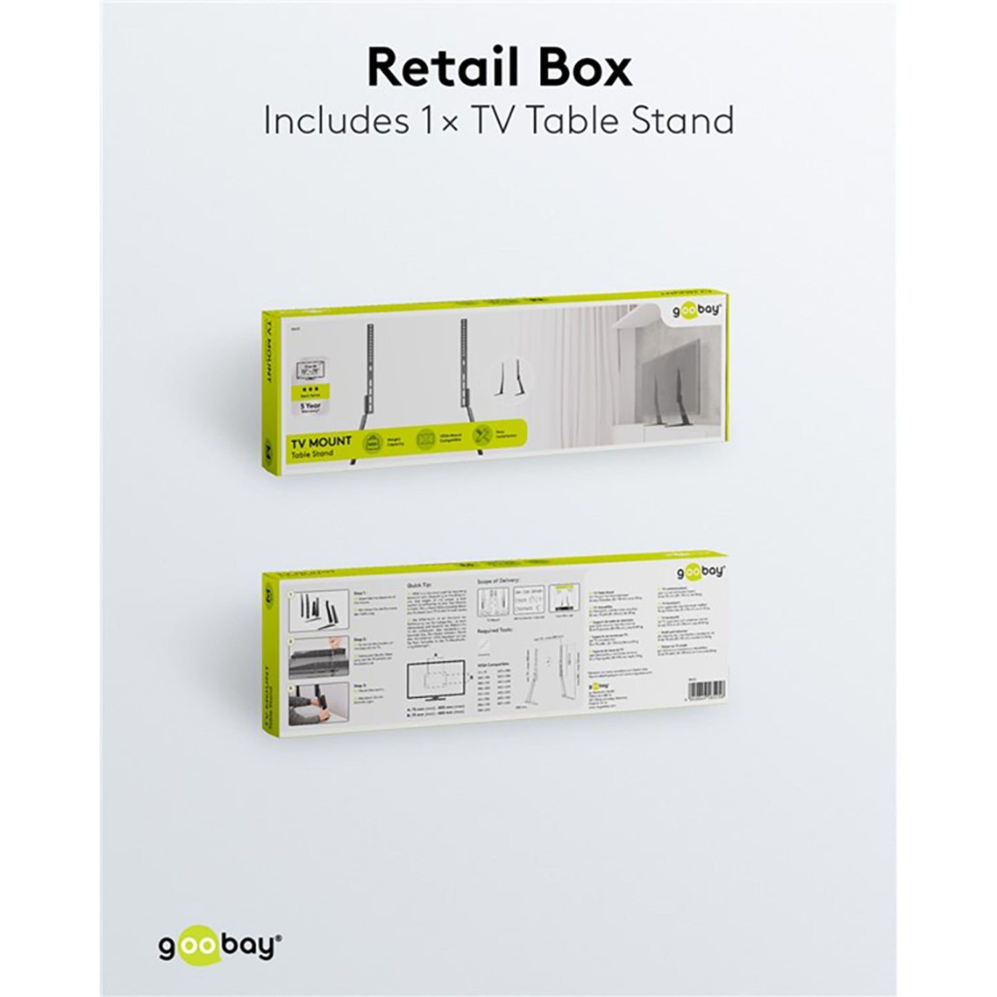 Goobay bordstativ til tv 32-70", retailæske med billeder, funktioner, specs og teksten: Indeholder 1× tv-bordstativ.