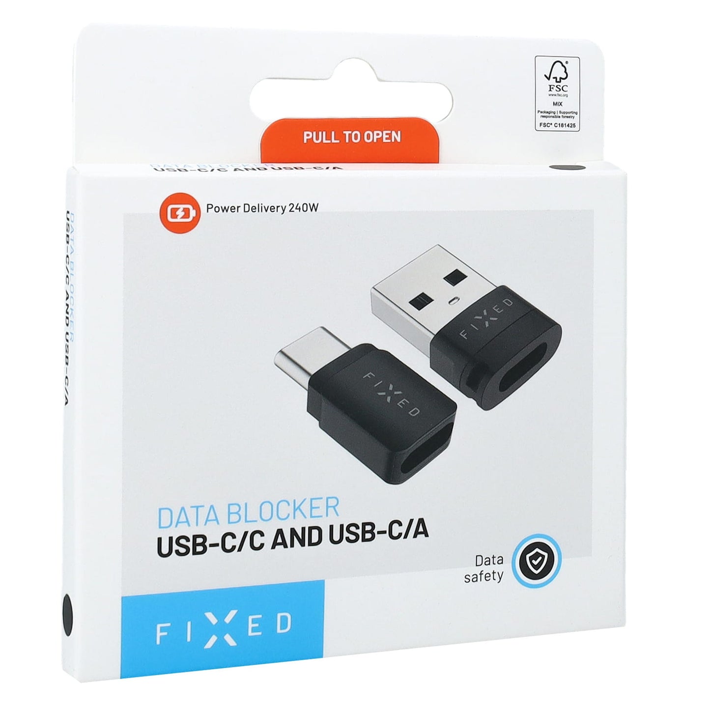 Fast USB-datablok 2-pak USB-A/USB-C detailæske med to adaptere og pull-to-open-fane, op til 240W.