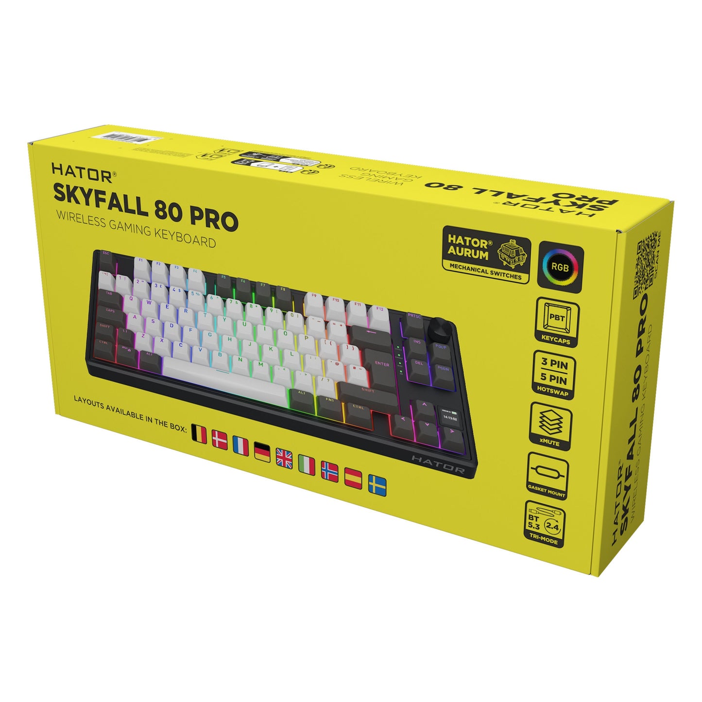 HATOR Skyfall 80 PRO trådløst gamingtastatur i gul æske med RGB-lys, hot-swappable switches og PBT-taster.