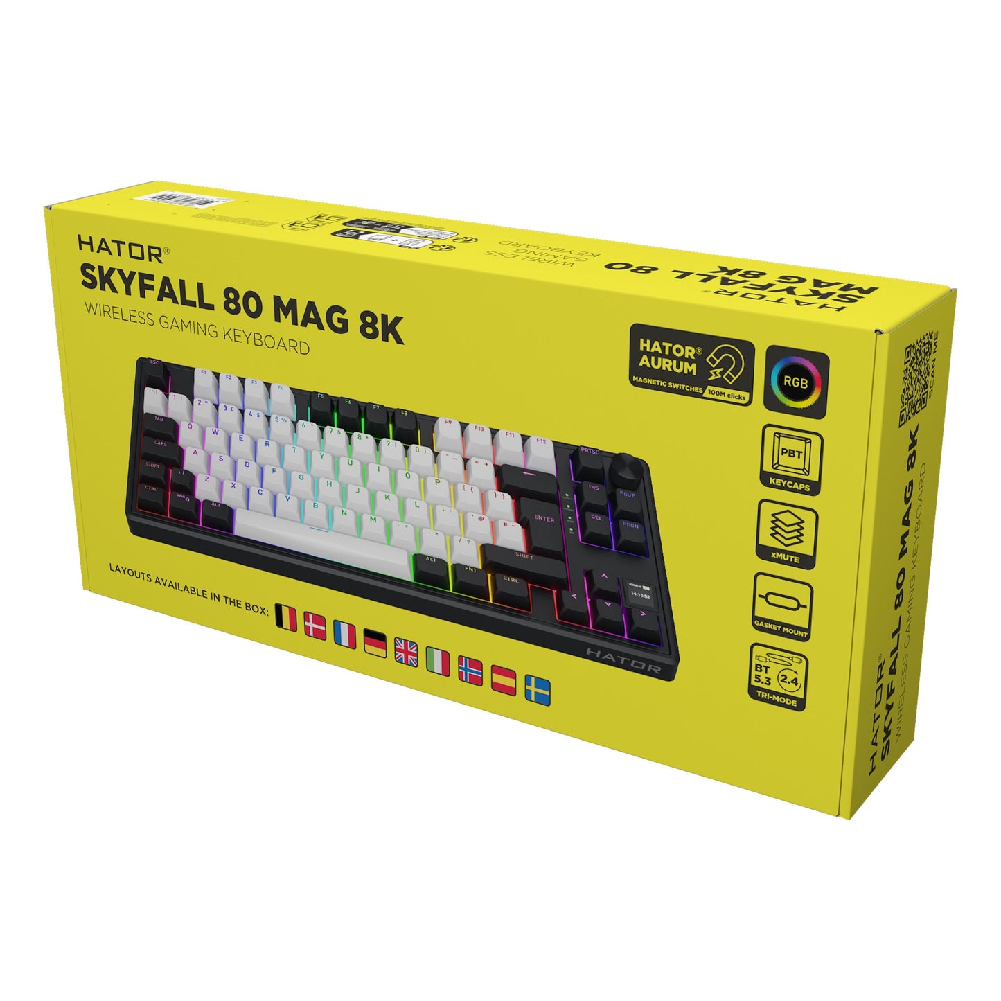 HATOR Skyfall 80 MAG Ultima 8K trådløst gamingtastatur i gul æske, RGB-belysning, magnetiske switches, layoutflag.