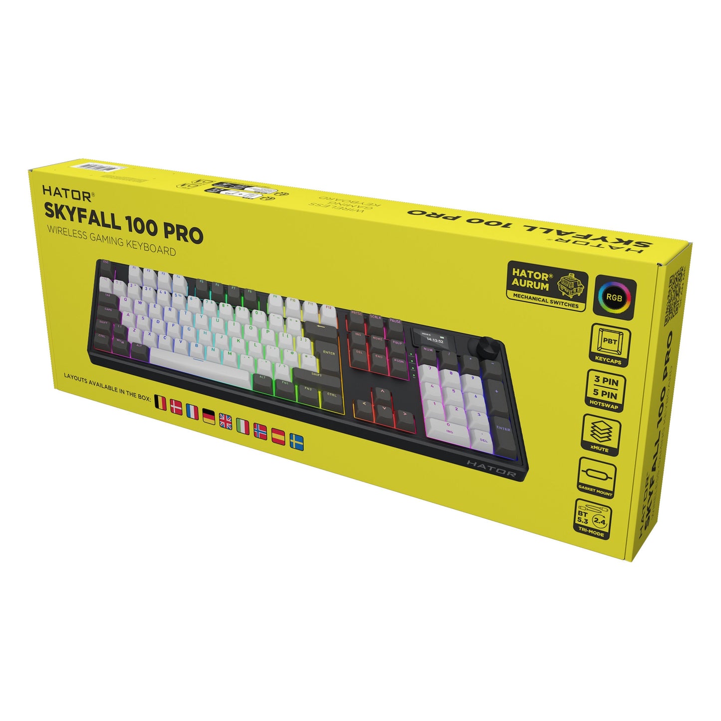 HATOR Skyfall 100 Pro trådløst gaming-tastatur, gul æske, RGB lys, hot-swappable 3-pin, stille lineære switches, multi-enhed.