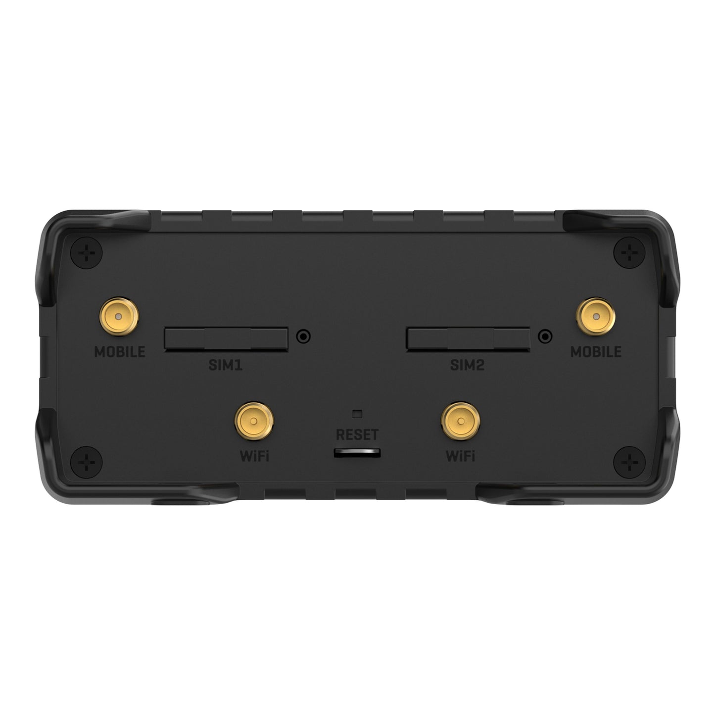 Teltonika RUT901 4G-router bagpanel med porte til SIM1, SIM2, WiFi, MOBILE og RESET samt fire skrueforbindelser.