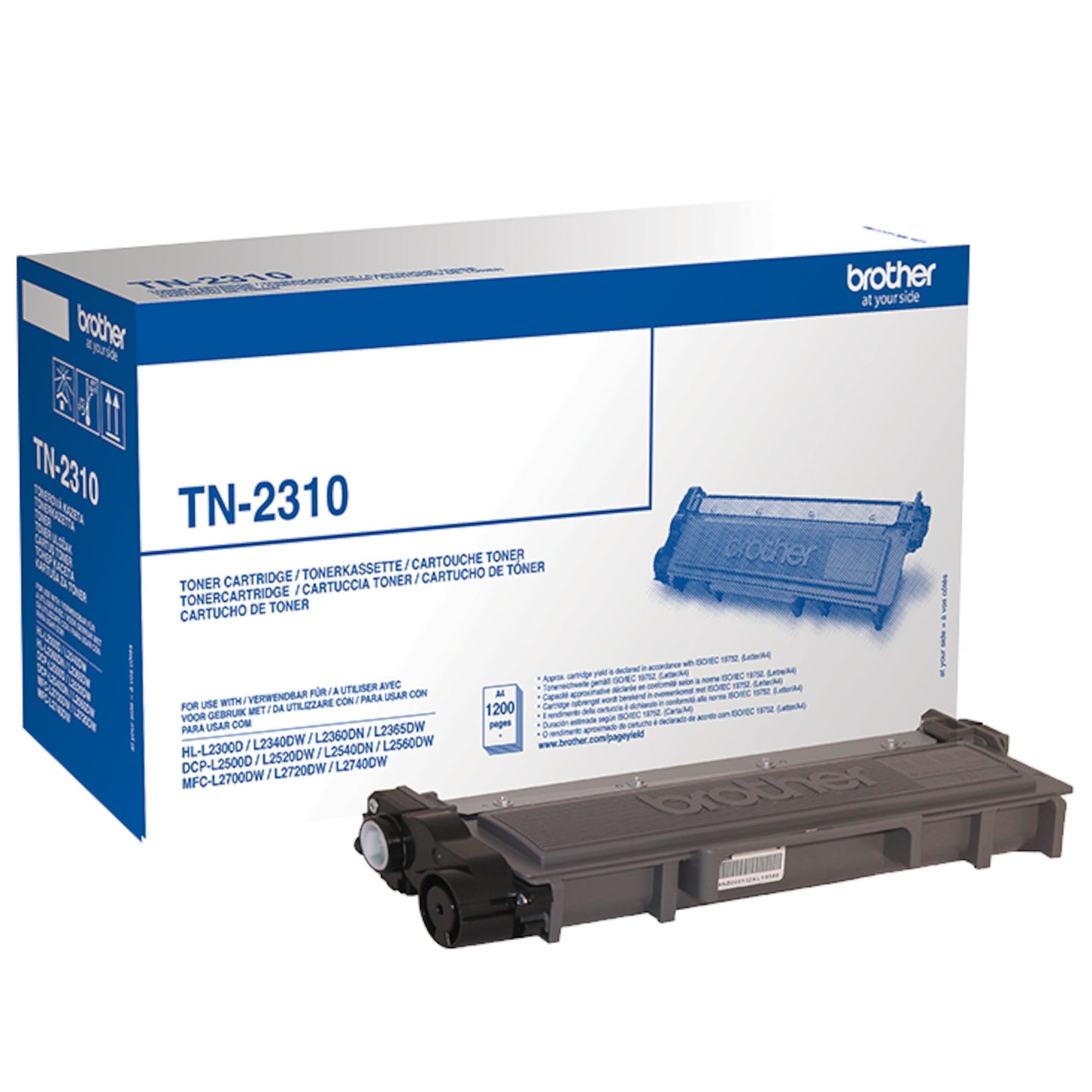 Brother TN-2310 sort tonerpatron foran blå og hvid æske med Brother-logo og modelnummer.