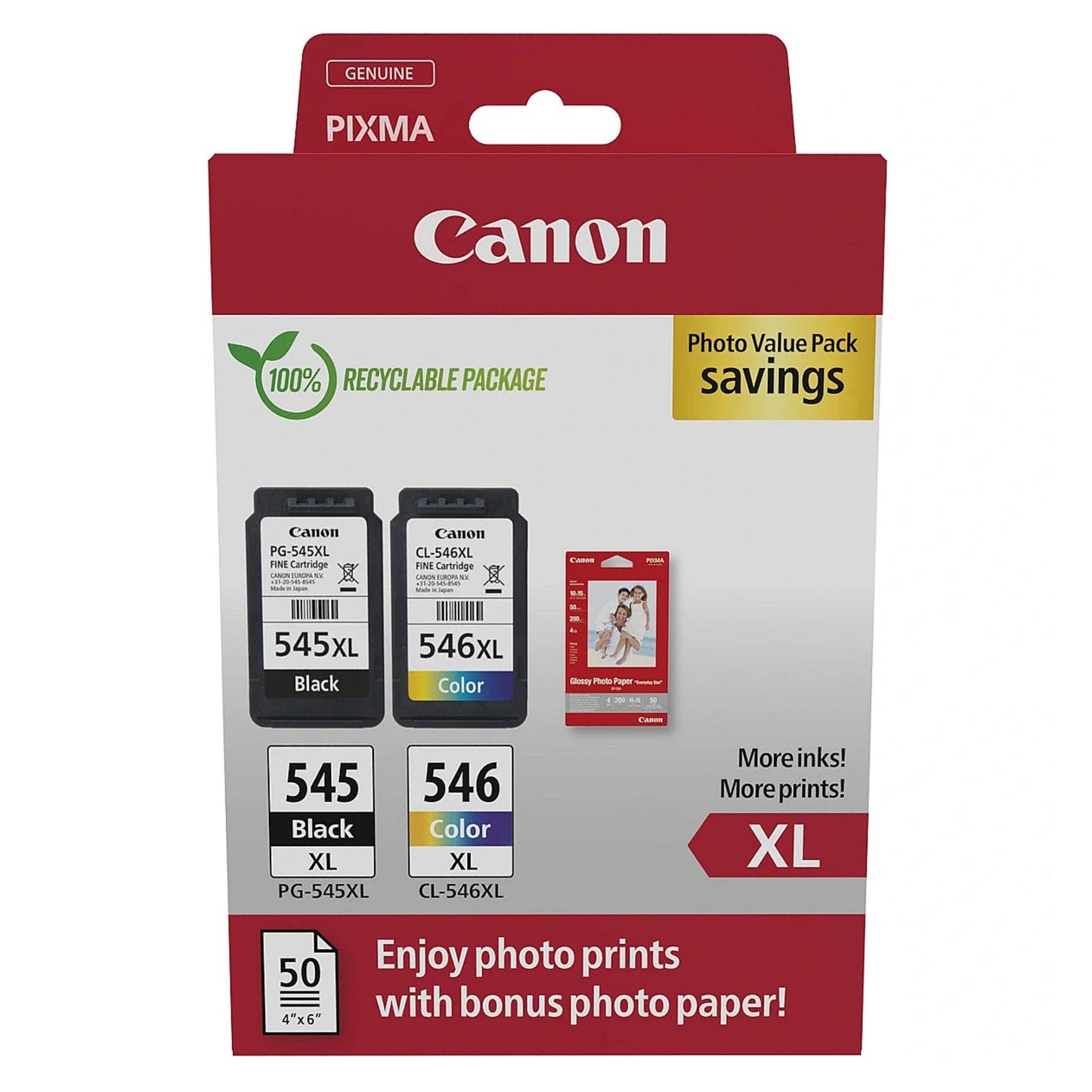 Canon PG-545XL/CL-546XL XL-blækpatroner og 4x6 fotopapir i rød/hvid "100 genanvendelig" Photo Value Pack emballage.
