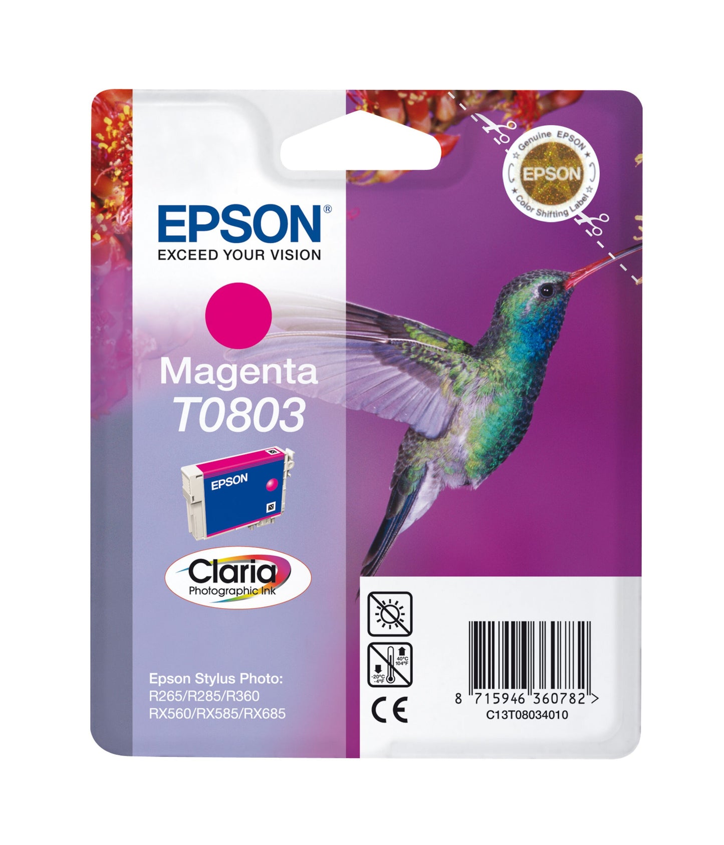 Epson T0803 blækpatron magenta i emballage med kolibri og lilla blomster, info om kompatible Epson-printere på forsiden.