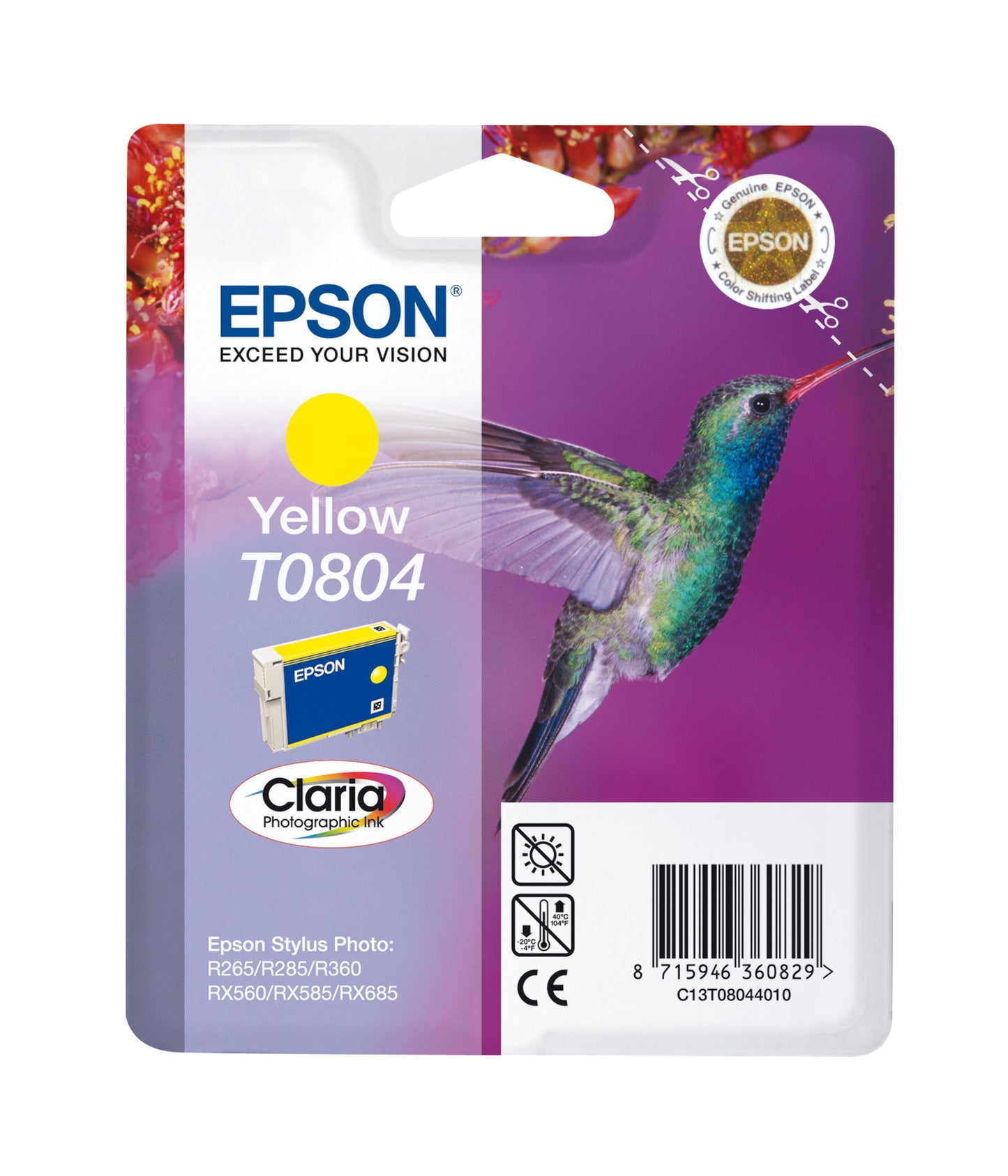 Epson T0804 gul blækpatron emballage med kolibri-motiv, lilla baggrund, Epson-logo, modelnavn og kompatibilitet.
