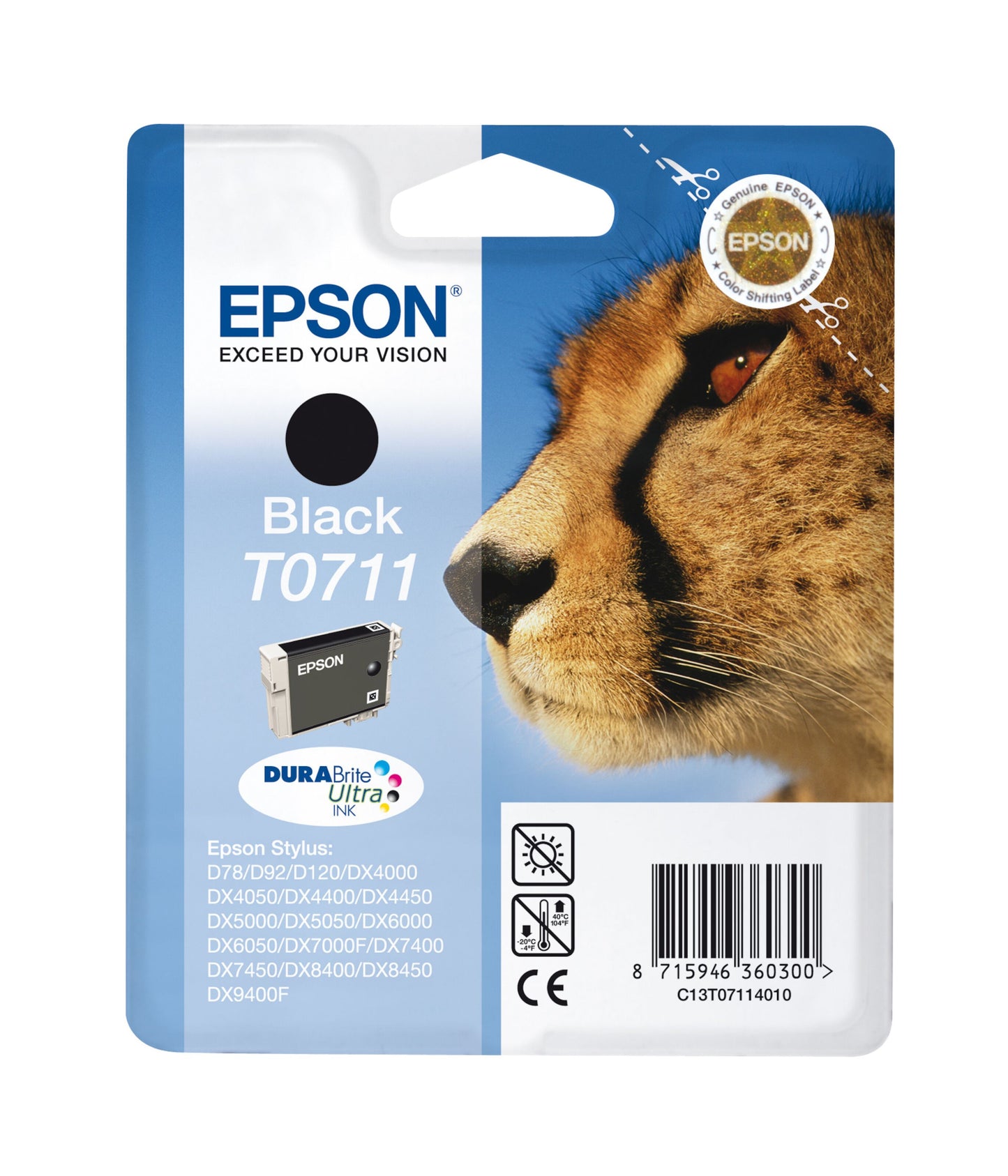 Epson T0711 sort blækpatron i emballage med nærbillede af gepards ansigt, blå baggrund, produktinfo og stregkode nederst.