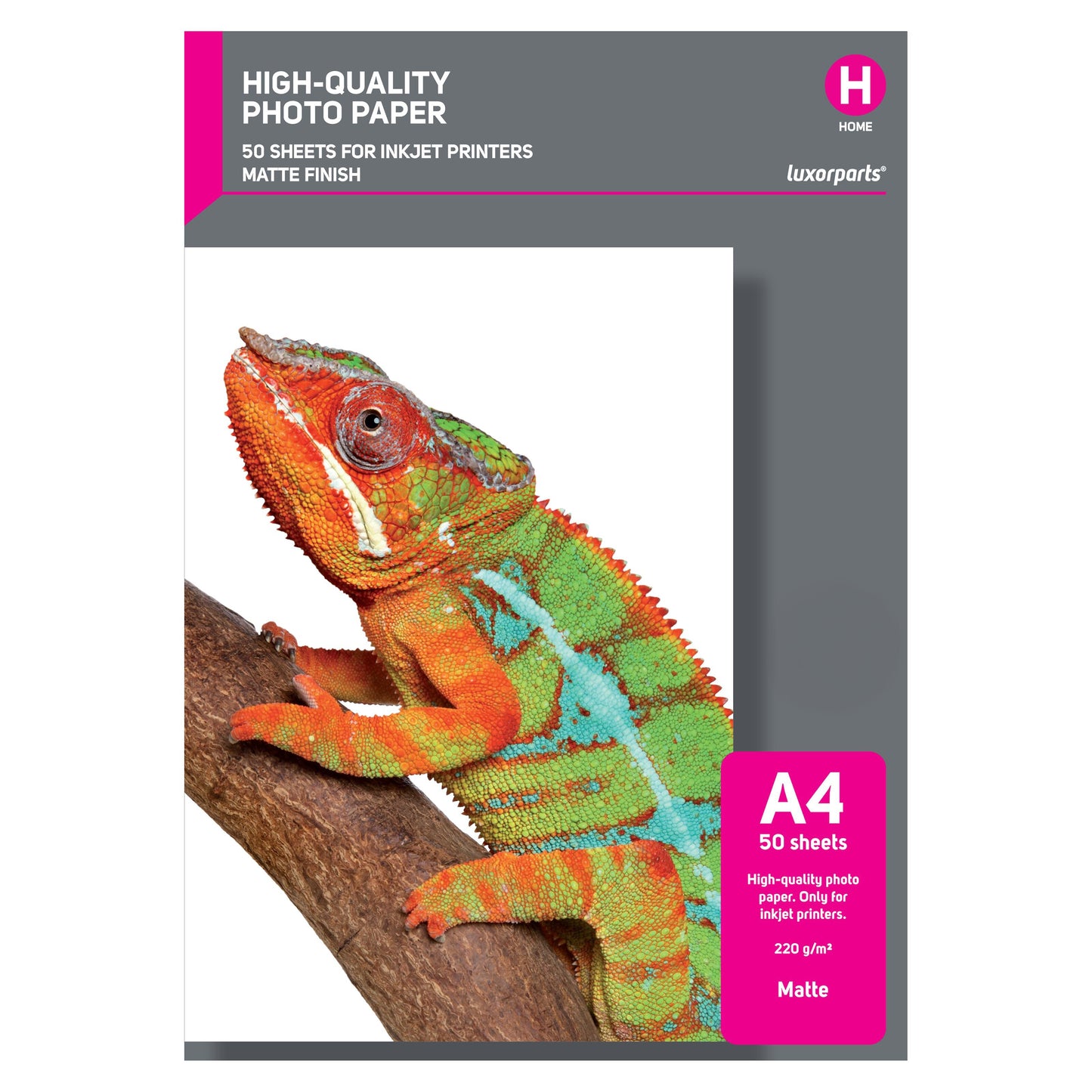 Mat fotopapir A4 50 ark 220 g/m², mat overflade, æske med farverig kameleon på forsiden.