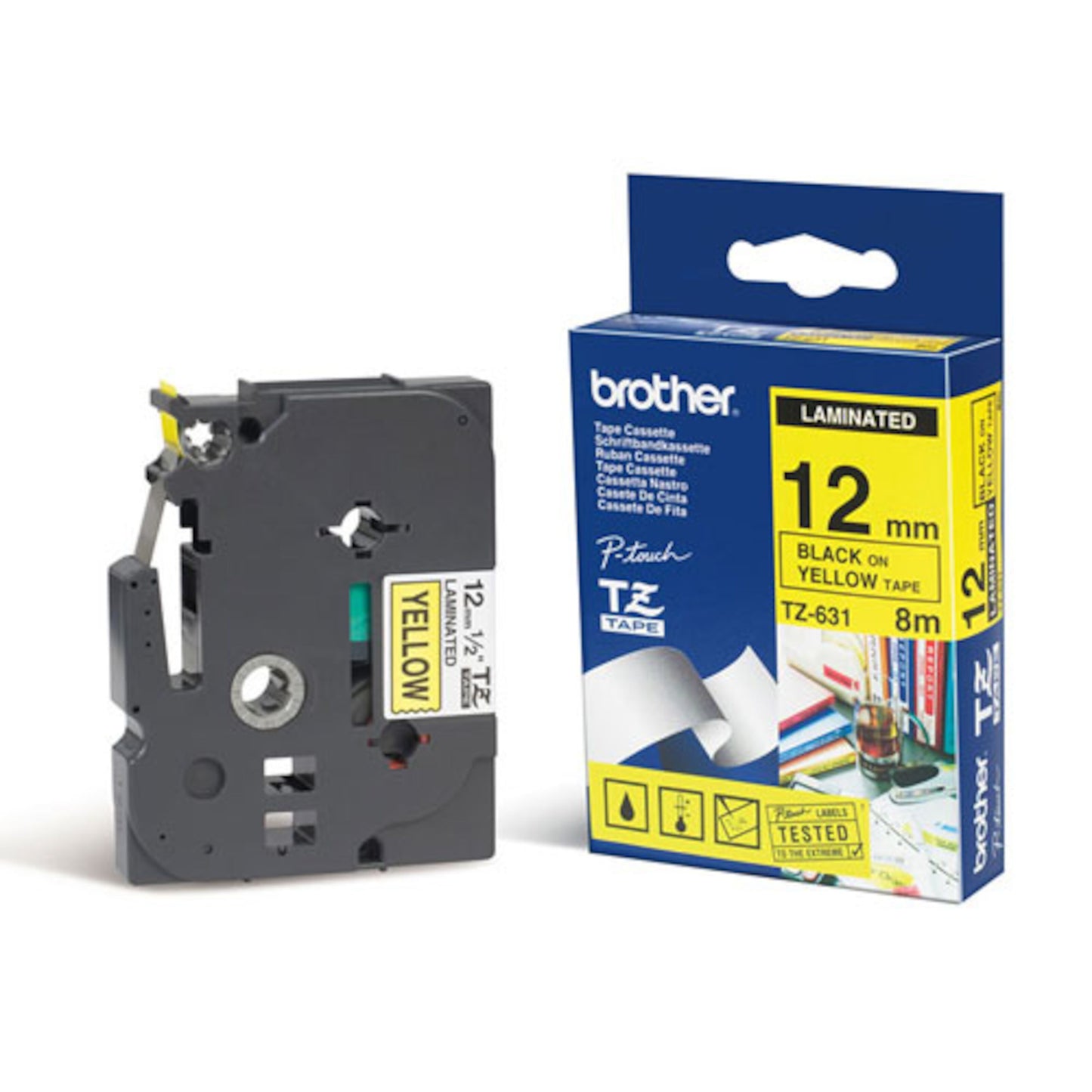 Brother TZ-tape 12 mm x 8 m sort på gul labeltape til P-touch, leveres i blå æske med produktdetaljer og billeder.
