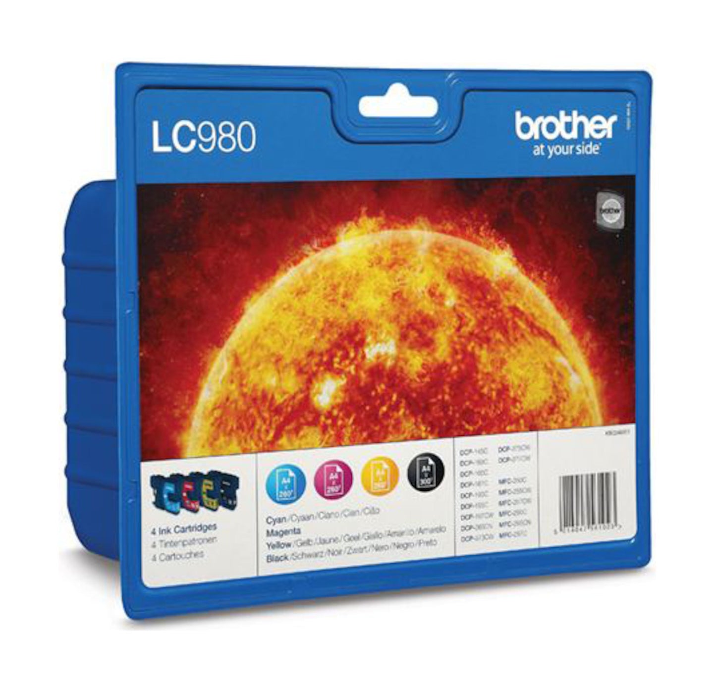 Brother LC980 4-pak blækpatron i blå æske med ikoner til cyan, magenta, gul og sort til Brother-printere.