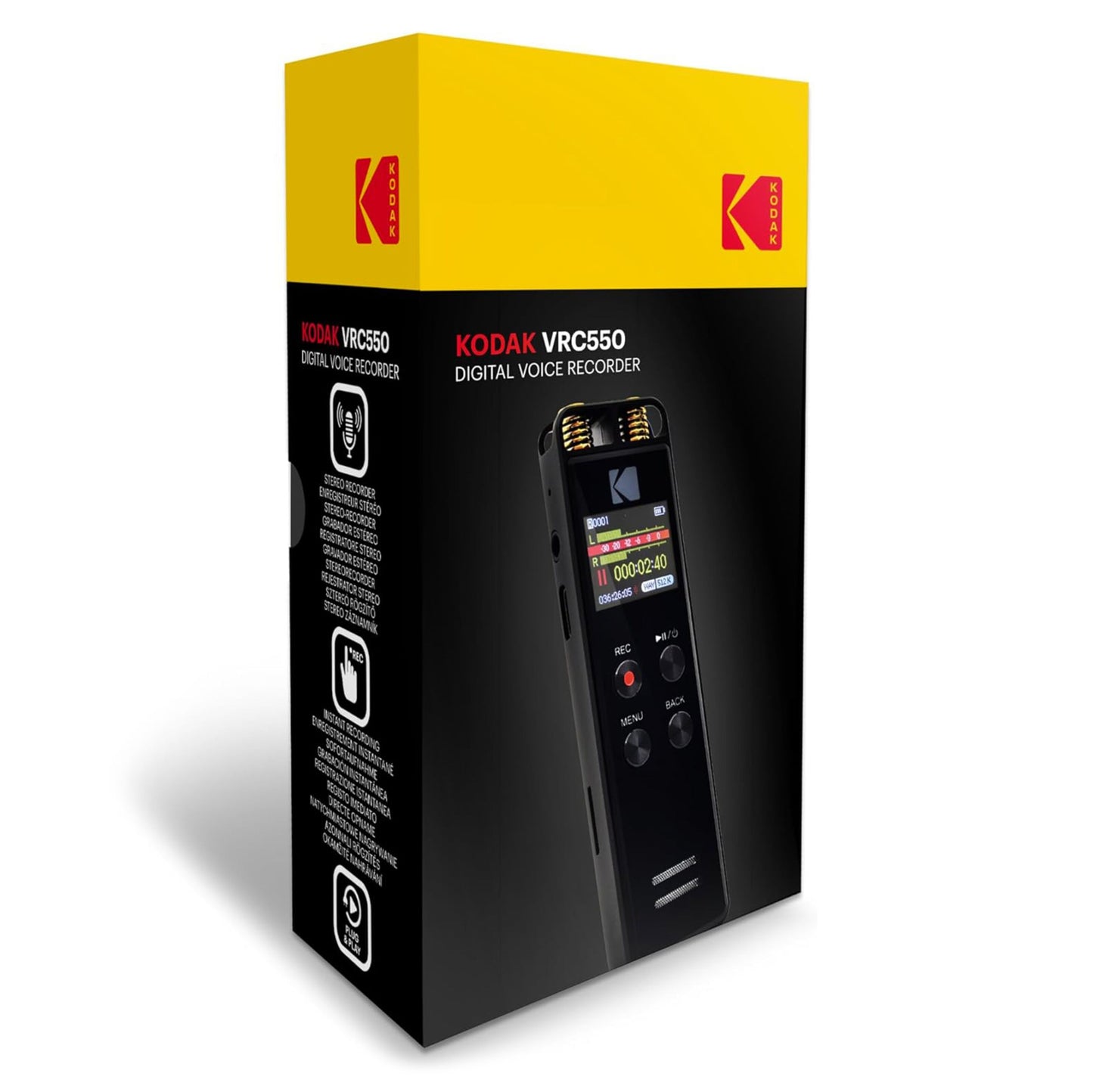 Kodak Diktafon VRC 550 i æske med farvedisplay, VOX stemmeaktiveret optagelse og digital optager står på sort/gul baggrund.