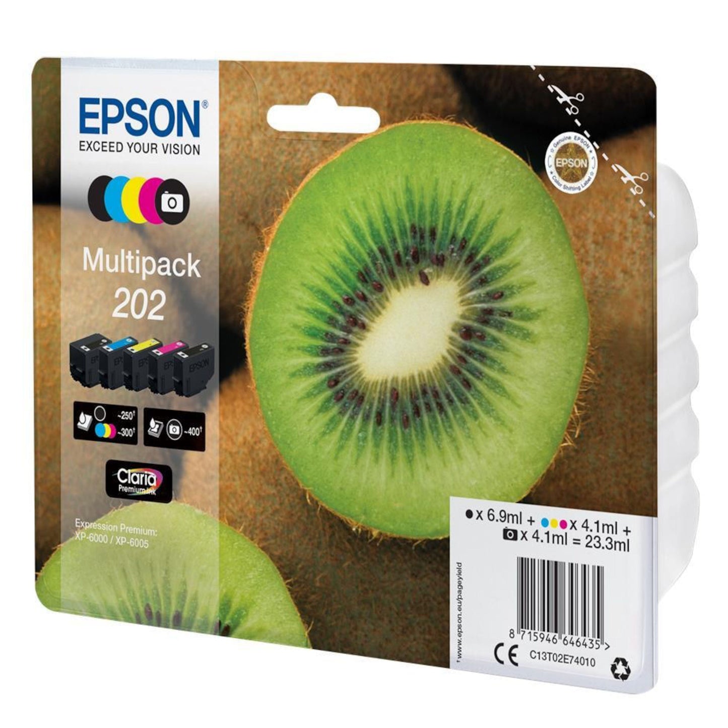Epson T02E7 blækpatroner 5-pak med kiwi-motiv, sort, cyan, magenta, gul og fotosort til Epson-printer.
