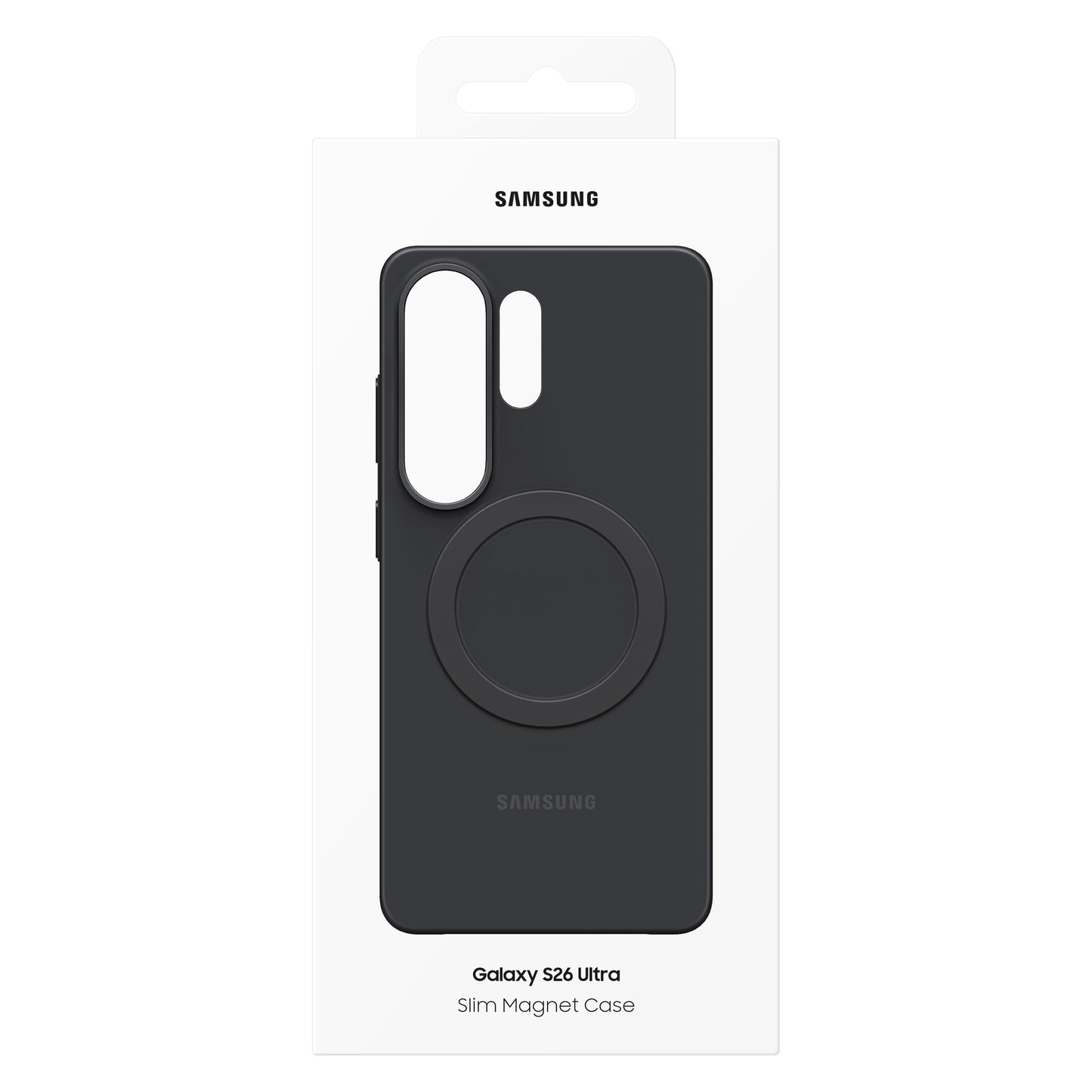 Samsung Slim Magnet Etui Galaxy S26 Ultra Sort i emballage med stort magnetfelt, udskæringer til kamera og knapper.