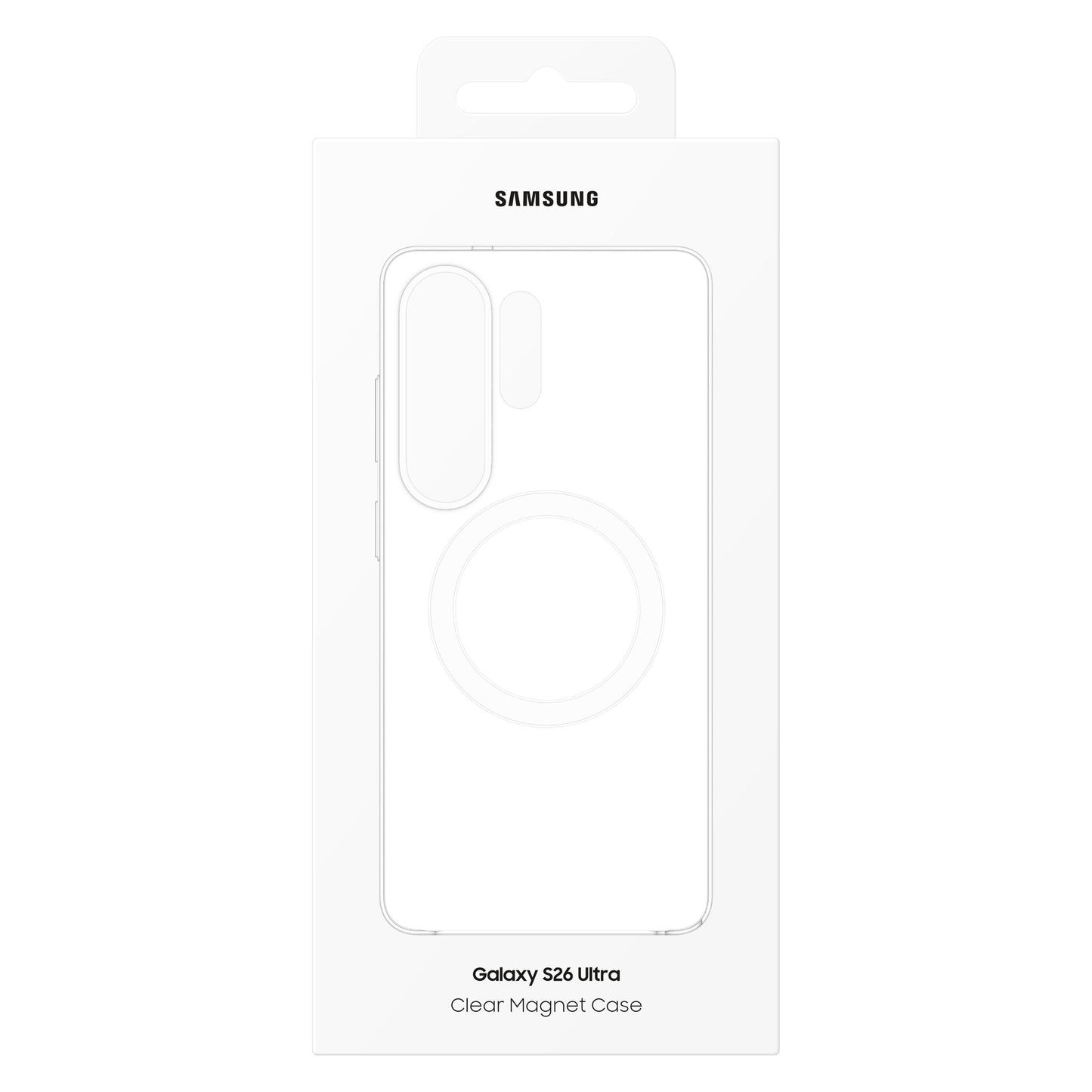 Samsung Galaxy S26 Ultra Klar Magnet Etui Transparent æske med stregtegning af cover og Samsung-logo, sorte produktdetaljer.