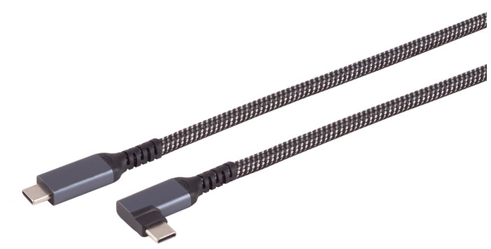 USB-C til USB-C kabel 100W 1m med 90° vinklet stik, metallic grå hus og sort bøjningsaflastning.