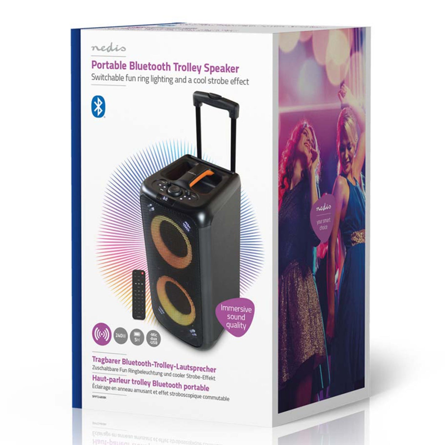Nedis Bluetooth party højttaler med karaoke, lyseffekter, håndtag, hjul, vist på æske med festmotiv.