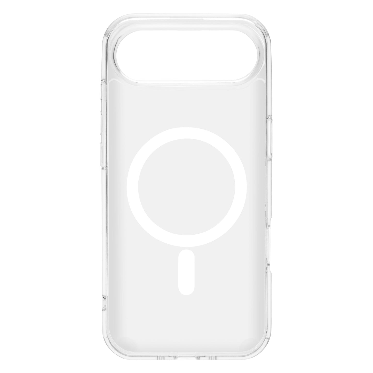 Klar cover med hærdet glas og MagSafe-hvid cirkel til iPhone Air, dobbelt kamera-udskæring.