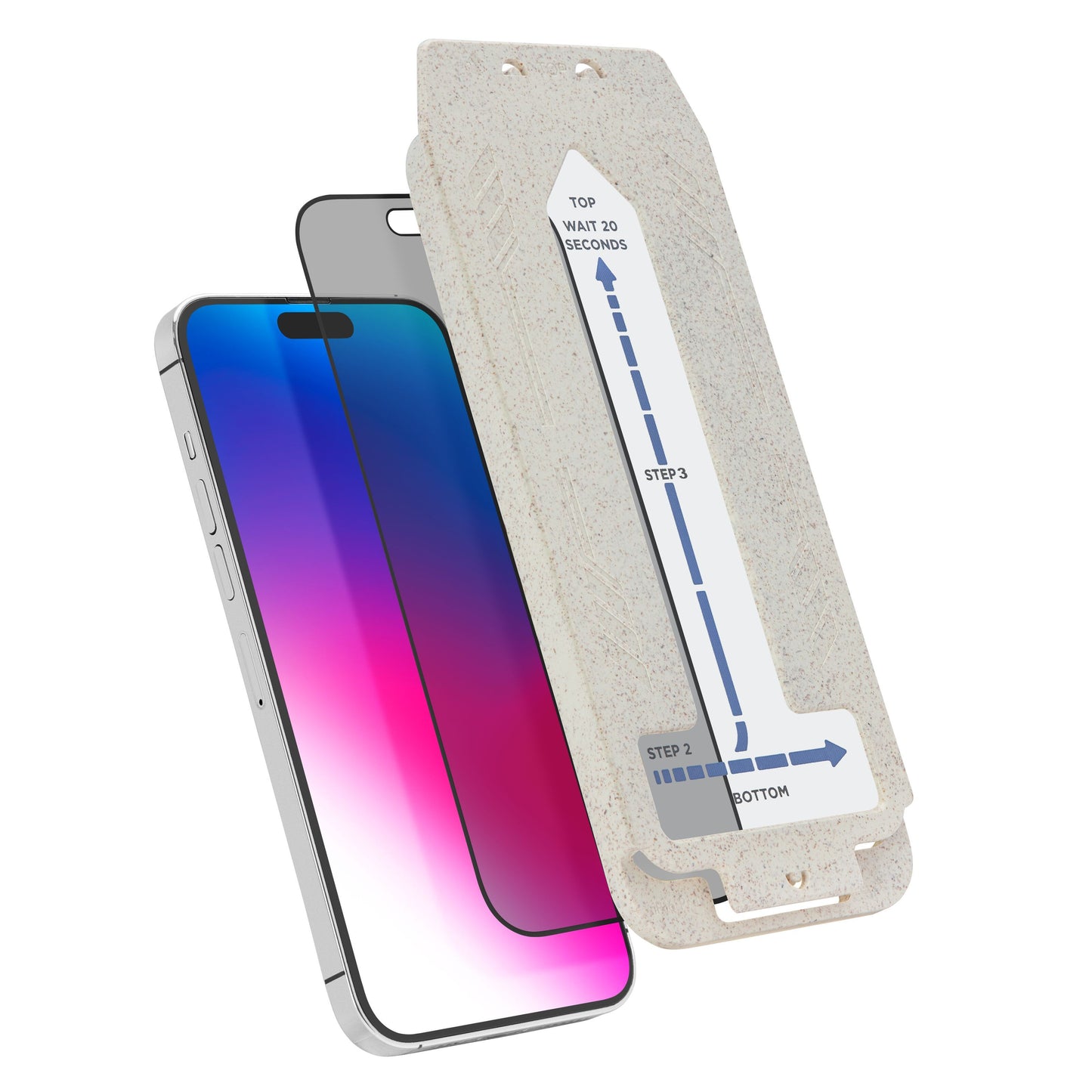 Elite Extreme Privacy skærmbeskyttelse til iPhone 17 Pro Max delvist monteret med lys applikator og tretrinsguide.