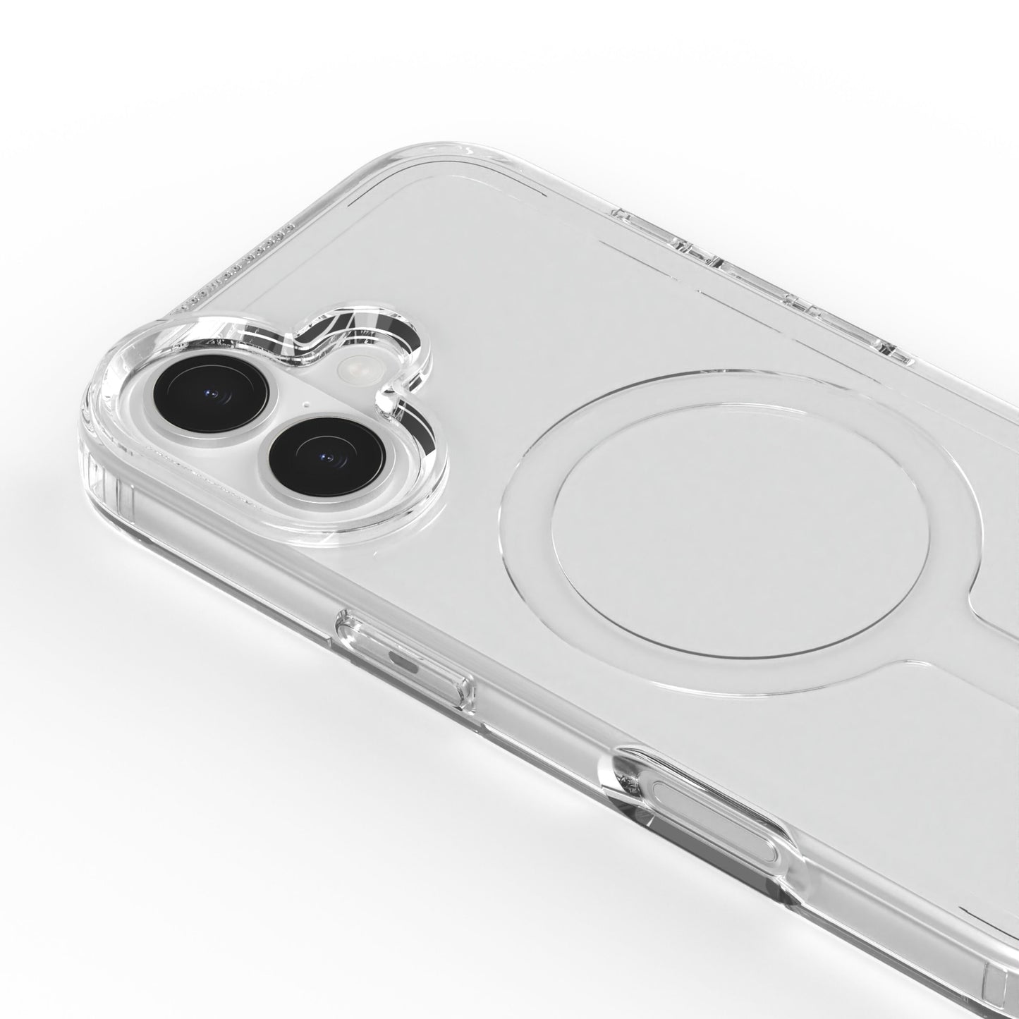 A Good Company gennemsigtigt mobilcover til iPhone 17, MagSafe kompatibel, udskæringer til dobbelt kamera og knapper.