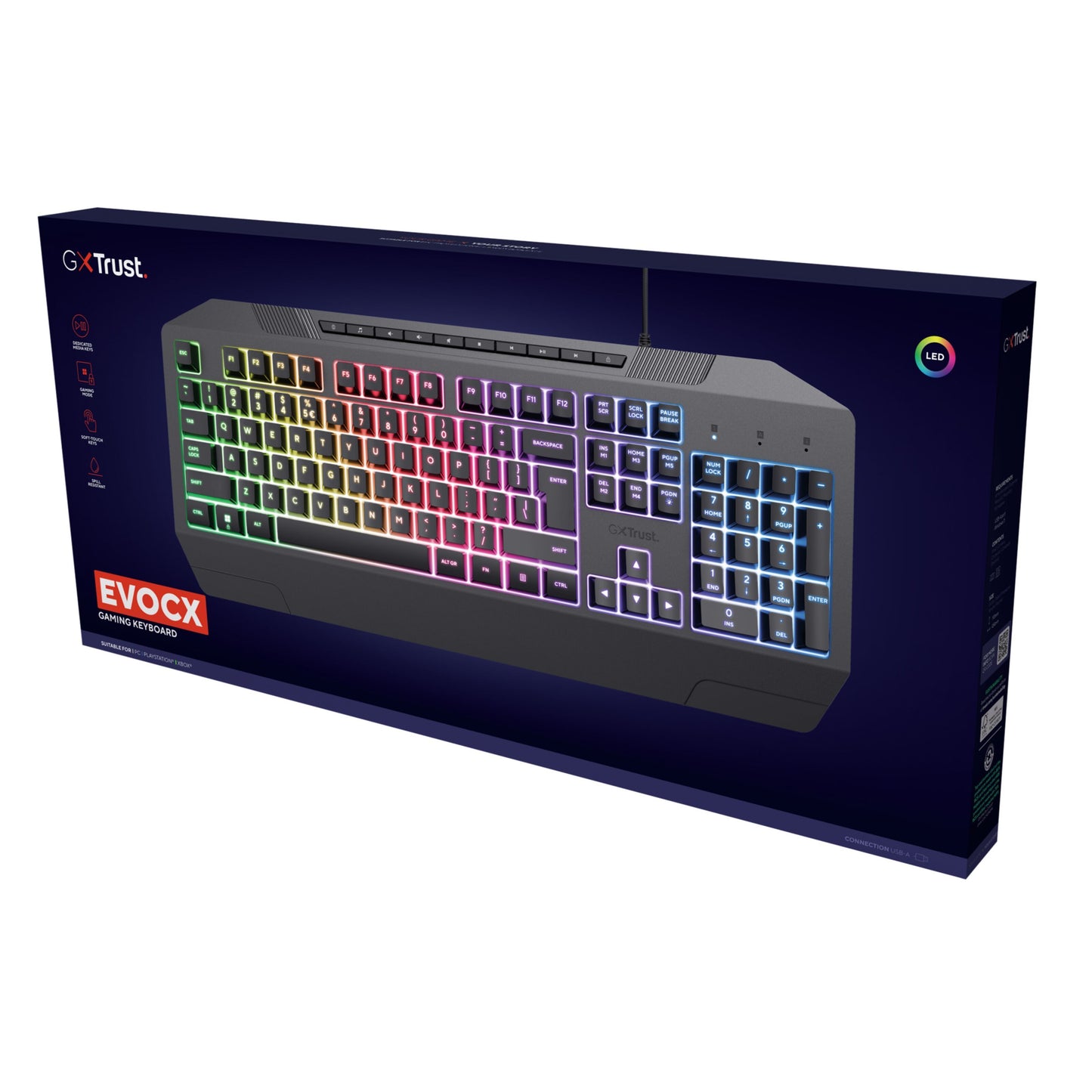 Trust GXT 836 Evocx RGB Gamingtastatur i æske med flerfarvet RGB-belysning vist på forsiden af emballagen.
