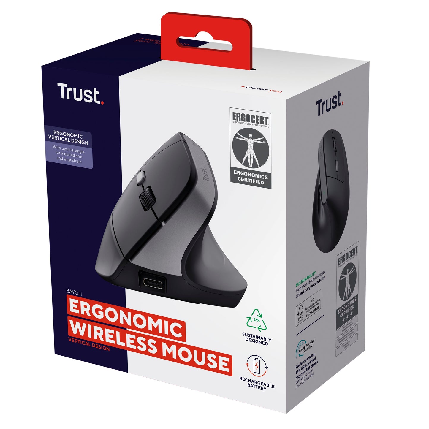 Trust Bayo II ergonomisk trådløs mus i hvid og lilla emballage med billede, certifikatlogoer, tekst om batteri og bæredygtighed.