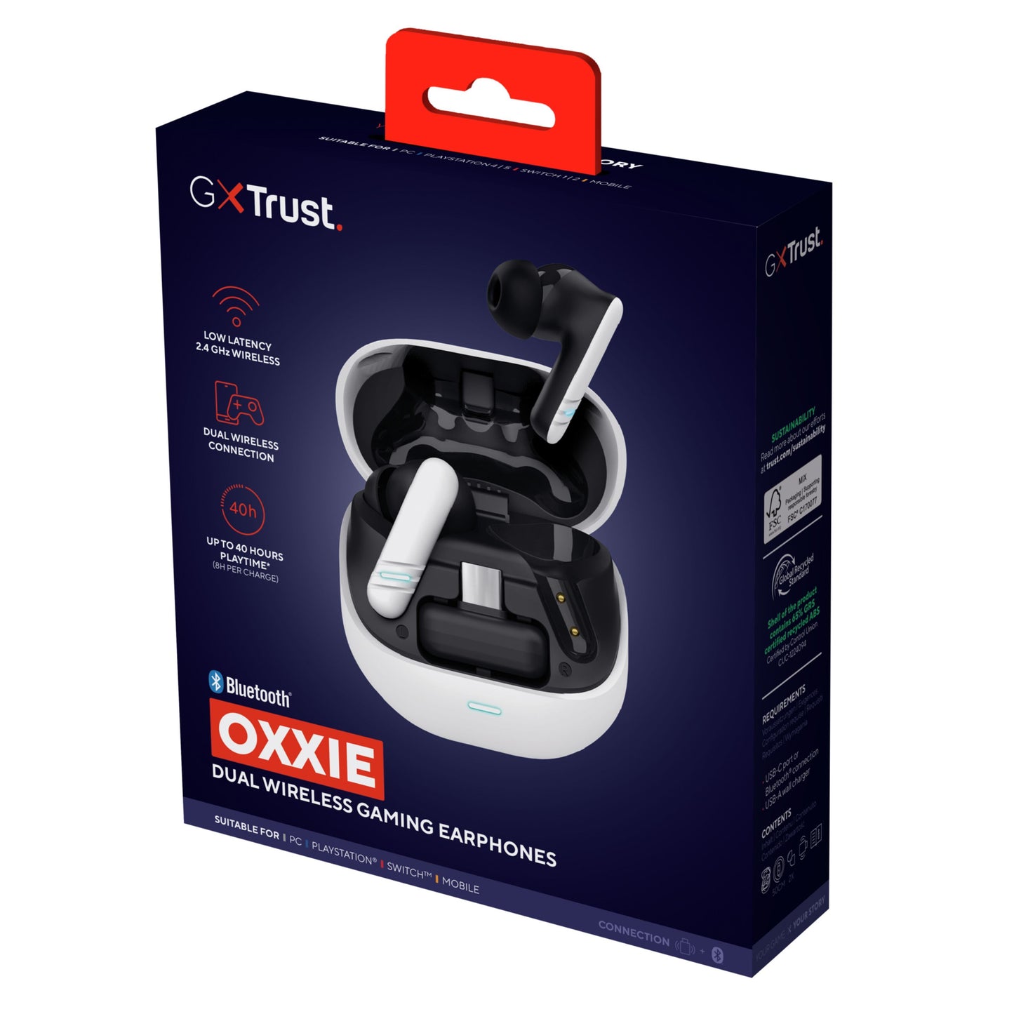 Trust GXT 409 Oxxie trådløse gamingheadset æske, headset og etui vist, Bluetooth logo, ENC-mikrofon, lav latenstid, 40t batteri.