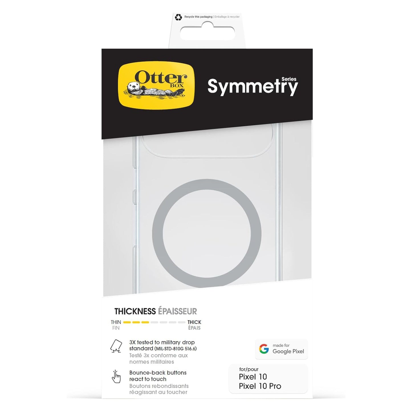 Otterbox Symmetry Clear cover til Pixel 10 / Pixel 10 Pro med militærklassificeret holdbarhed og responsive knapper.