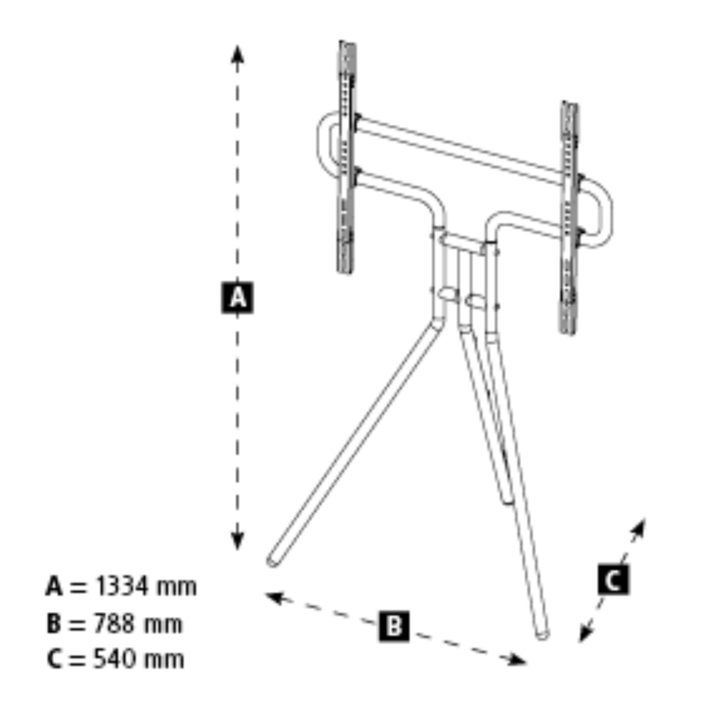 Hama gulvstativ til TV 37"-75", tre ben, VESA 600x400, mål: H1334 mm, B788 mm, D540 mm med pæl til målangivelse.