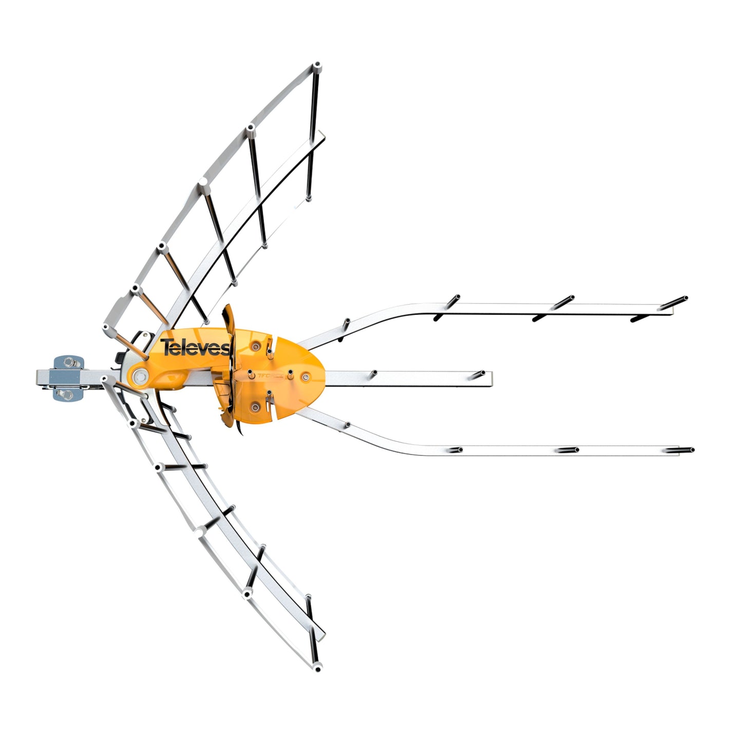 Televés Ellipse UHF TV-antenne med orange midte og metalramme nærbillede.