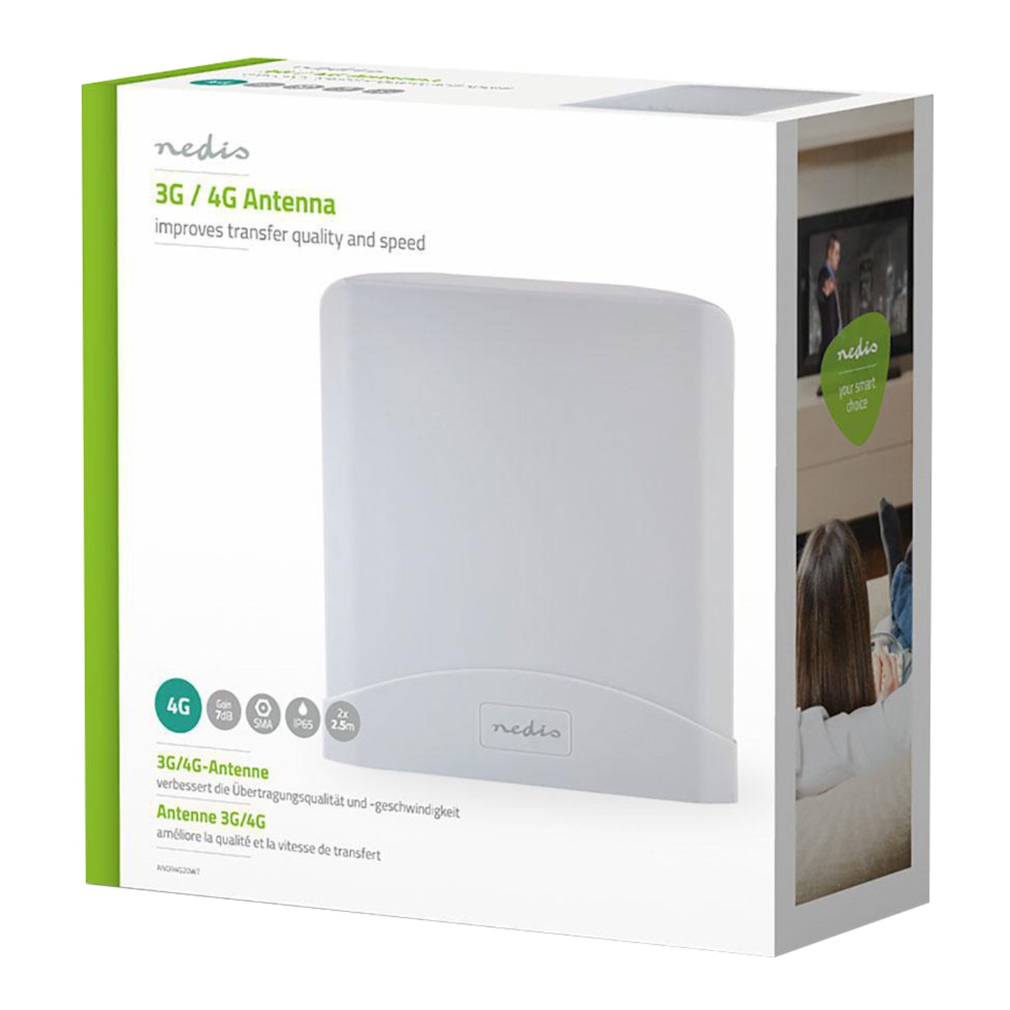Nedis 5G/4G antenne Mimo 6 dBi vises på æske med produktdetaljer og billede af familie, der ser tv.