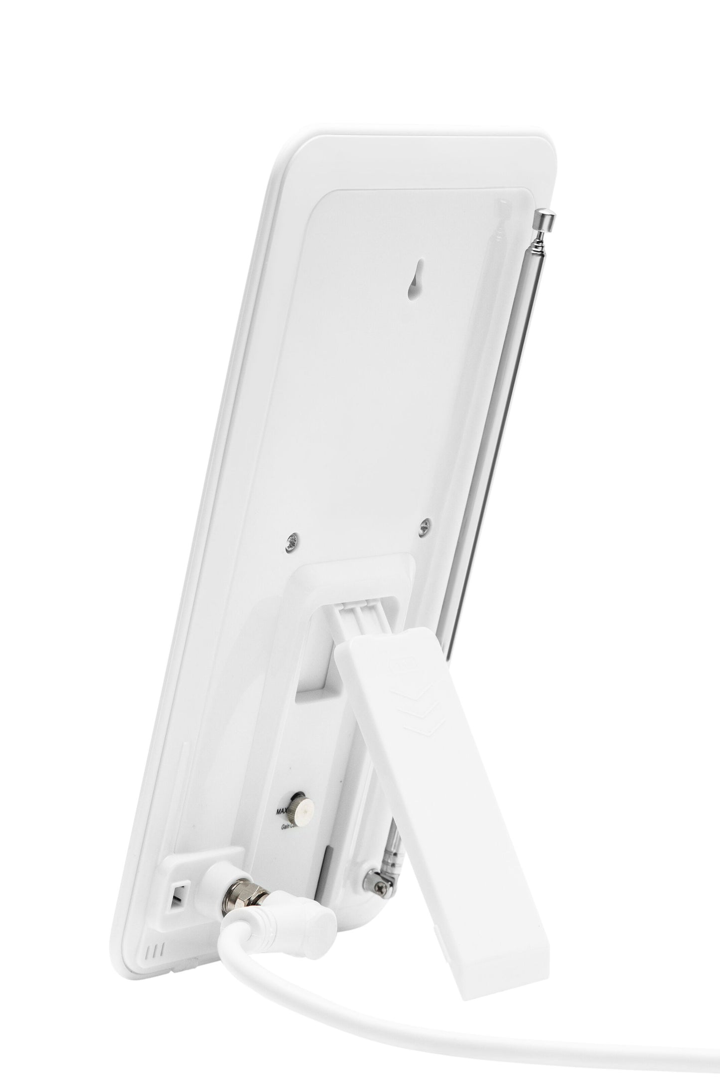 Luxorparts Aktiv indendørsantenne til TV set bagfra med stander, antenne, porte og tilsluttede kabler.
