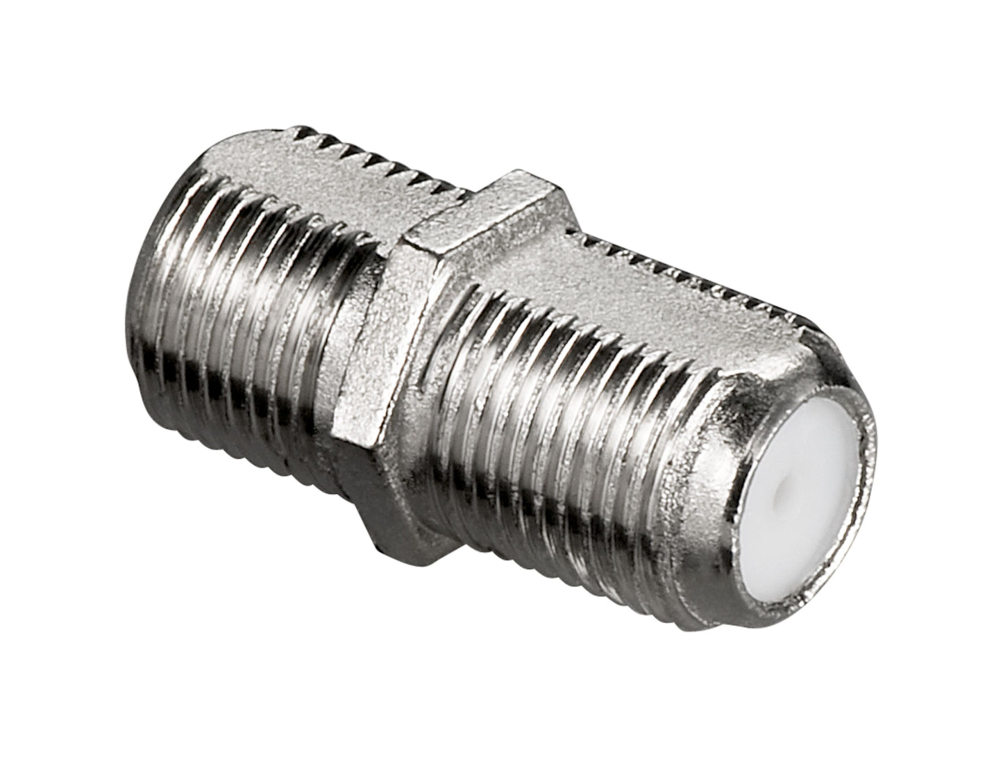 Wentronic Dobbelt hun F koaksial kabelsamler i metal med gevindender og isolerende kerne.