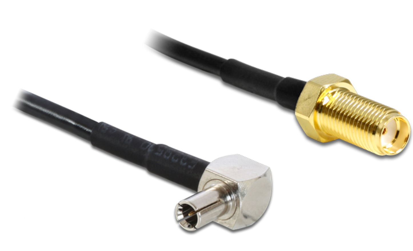 TS-9 til SMA hun koaksial adapter, vinklet TS-9 han og lige guldbelagt SMA hun, begge med sorte kabler.