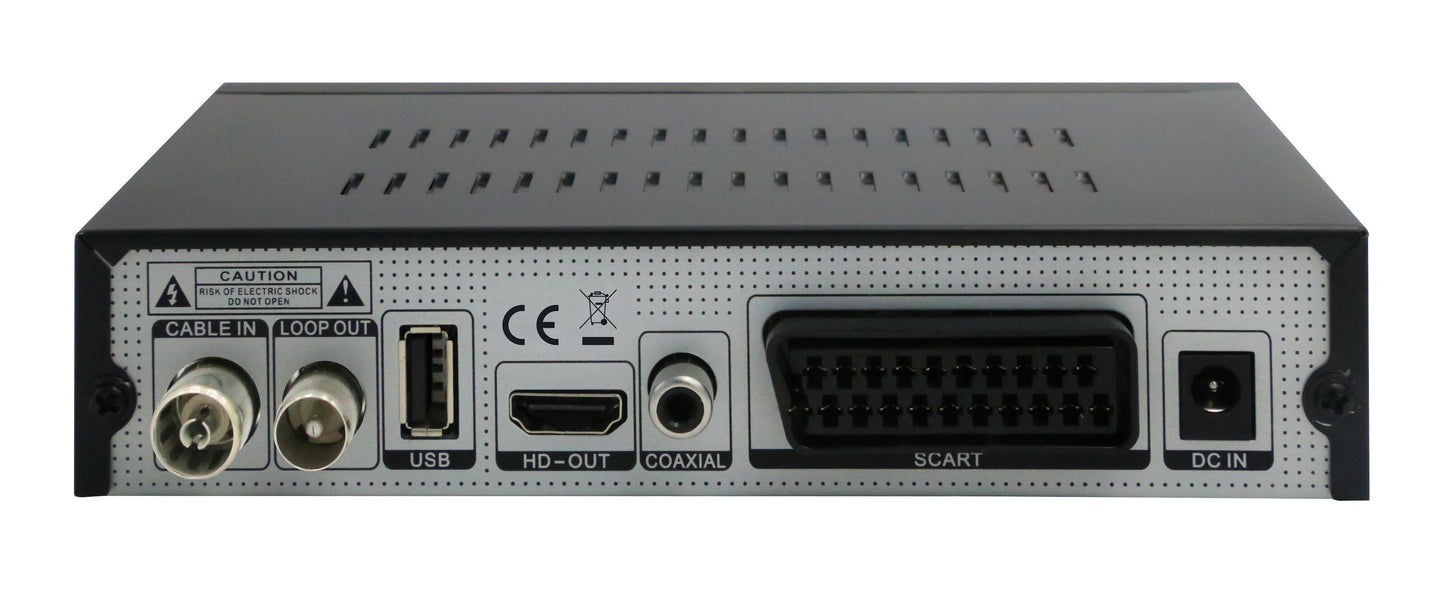 Denver DVBC-120 Digital-TV-modtager sort bagpanel med to coaxialporte, USB, HDMI, coaxial lyd, SCART og DC-strømindgang.