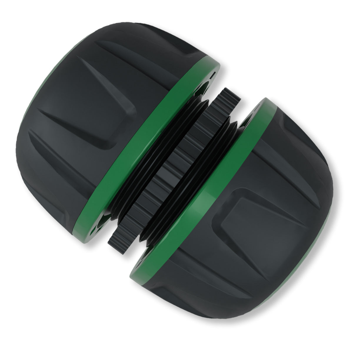 Grimsholm 1/2" slangesamler, sort cylindrisk kobling med grønne detaljer og riflede ender til haveslange.