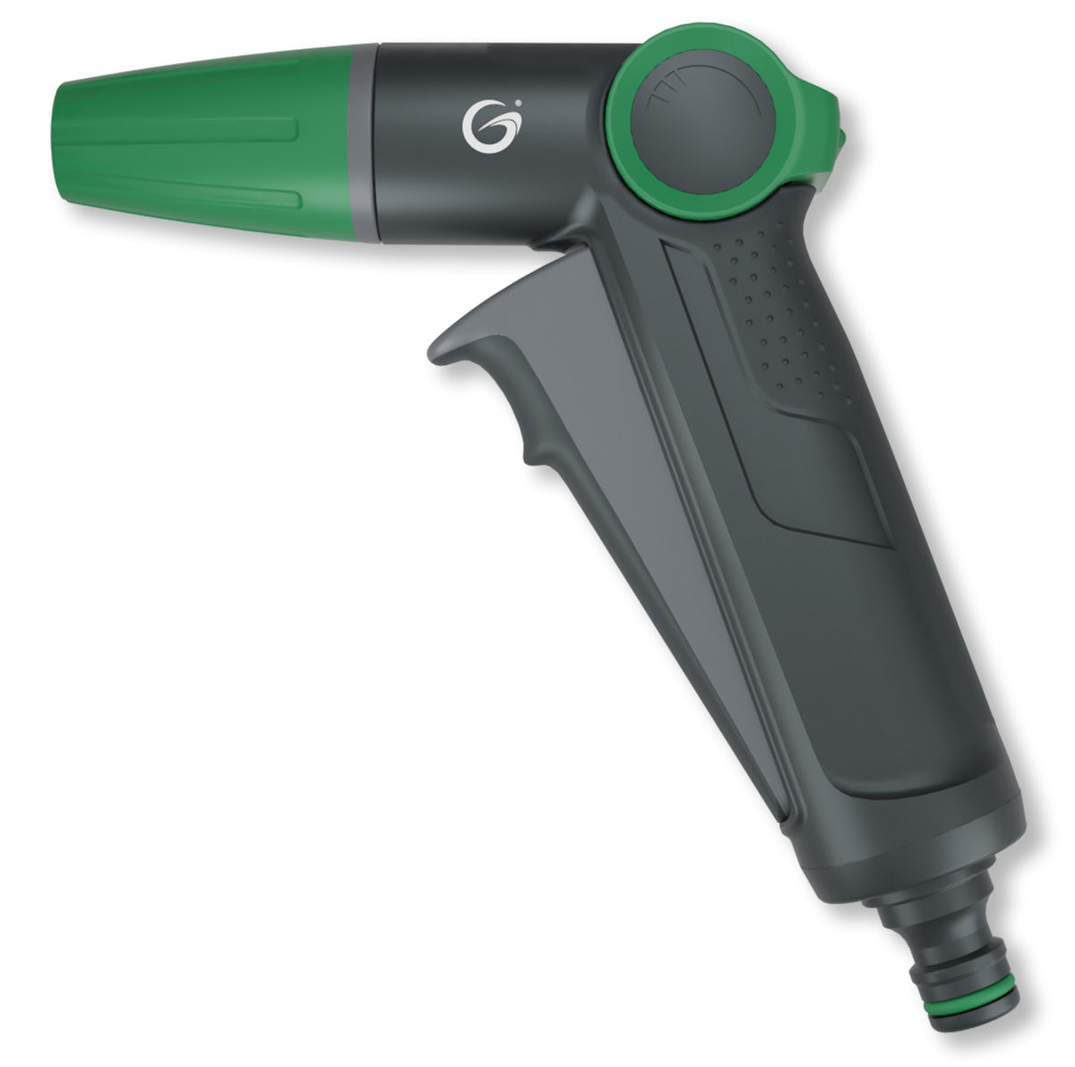 Grimsholm Spraypistol Jet Click med pistolgreb, justerbar flowregulering, quick-connect kobling og logo.