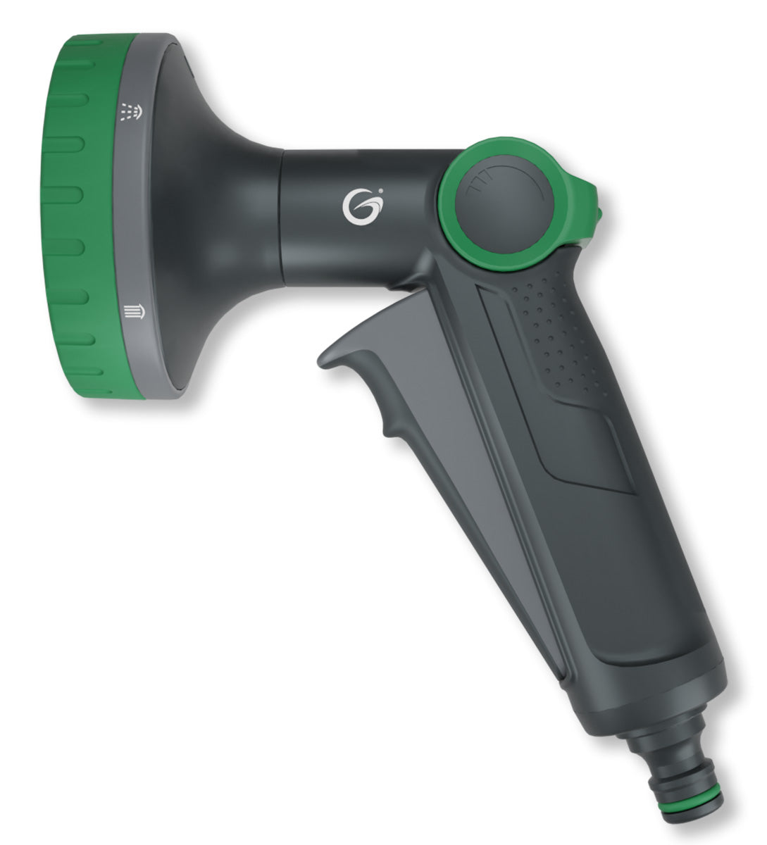 Grimsholm Spraypistol Multi One-Click sort/grøn med vandløbsregulering, triggerhåndtag og flere strålemønstre.
