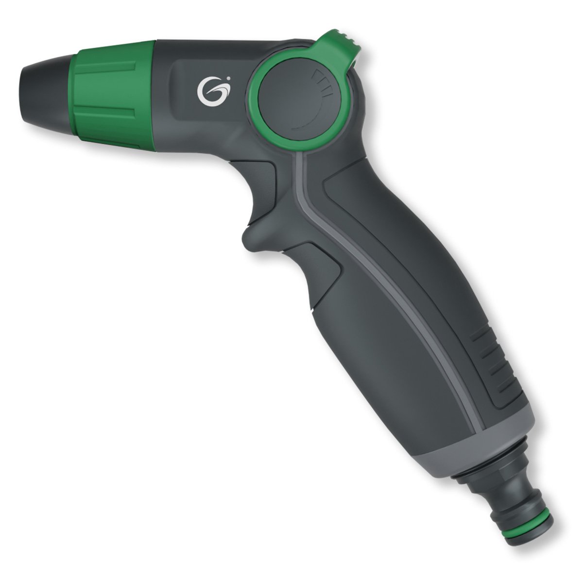 Grimsholm tommelstyret spraypistol sort/grøn, ergonomisk greb, roterende justeringshjul og base til vandslange.