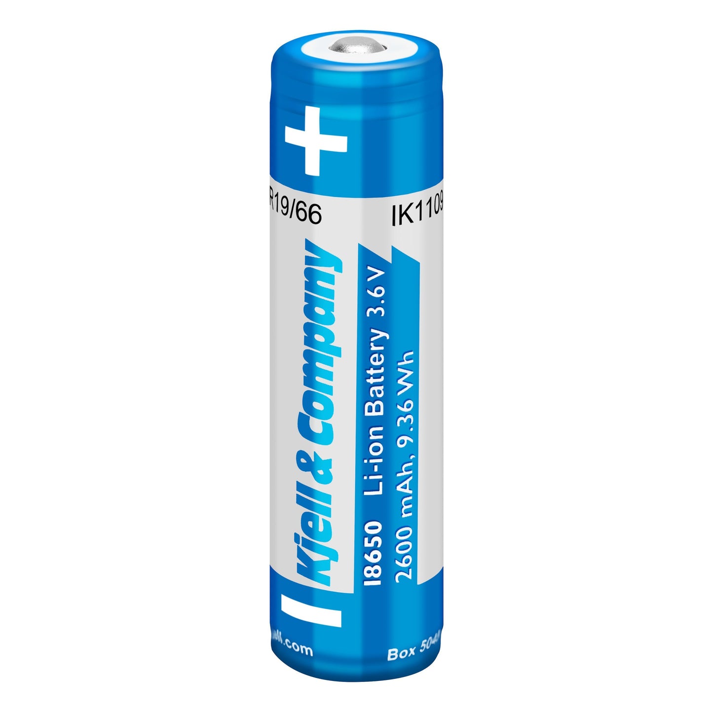 Li-ion batteri 18650 3,6V 2600mAh med overopladningsbeskyttelse og plus (+) mærke ved positiv terminal.